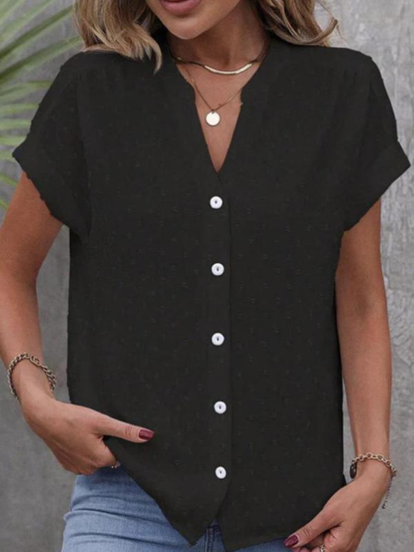 Loose Raglan Sleeve Buttoned Jacquard Solid Color V-Neck Blouses&Shirts Tops Product Image