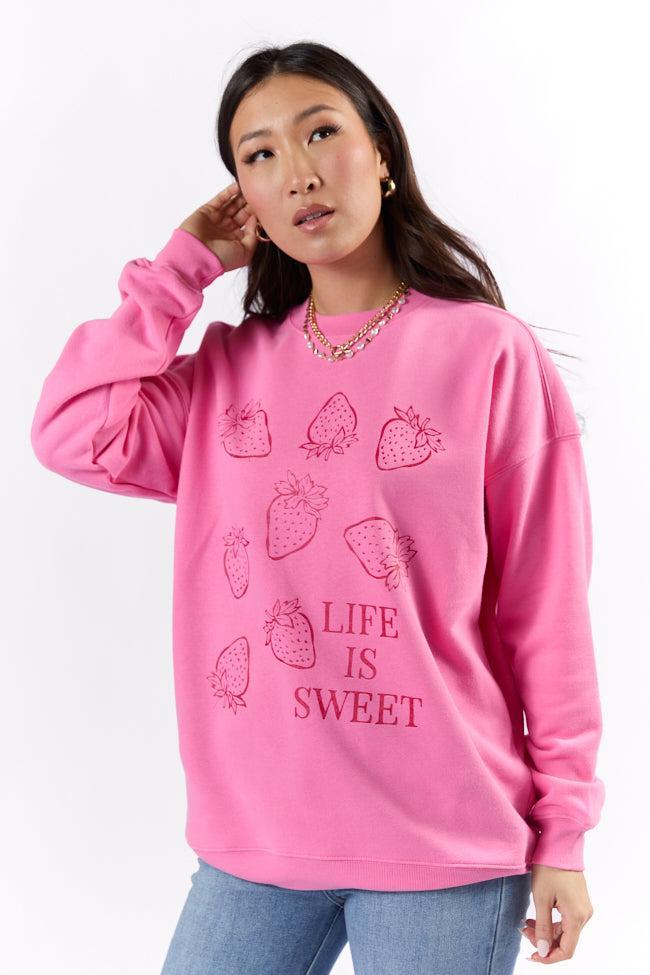 Life Is Sweet Strawberries Pink Graphic Sweatshirt Product Image