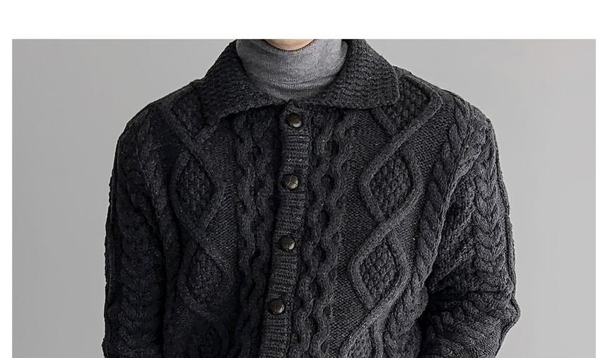 Collared Plain Cable Knit Button Cardigan Product Image