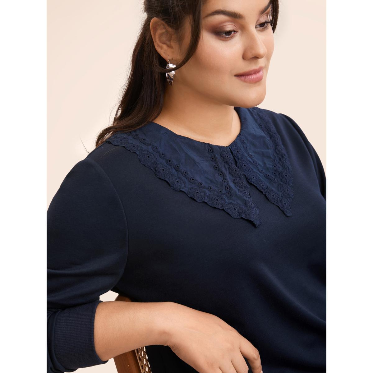 Plus Size Solid Peter Pan Collar Patchwork Sweatshirt Women Indigo Casual Patchwork Peter Pan collar Everyday Sweatshirts BloomChic 10/M Product Image