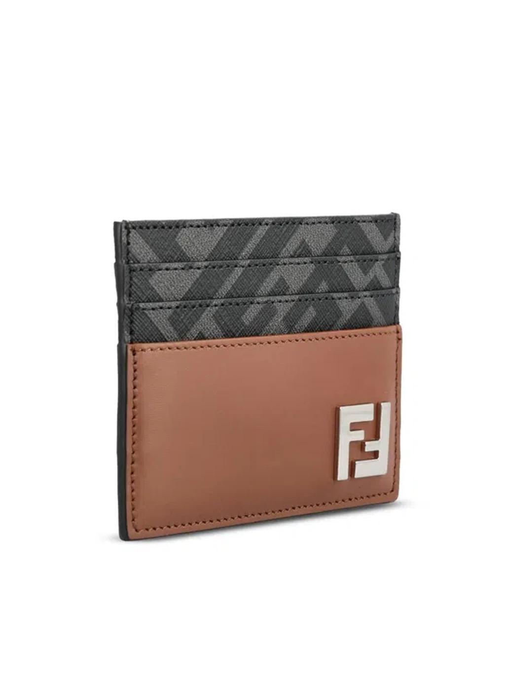 FENDI Leather And Ff Canvas Squared Card Holder In Brown Product Image