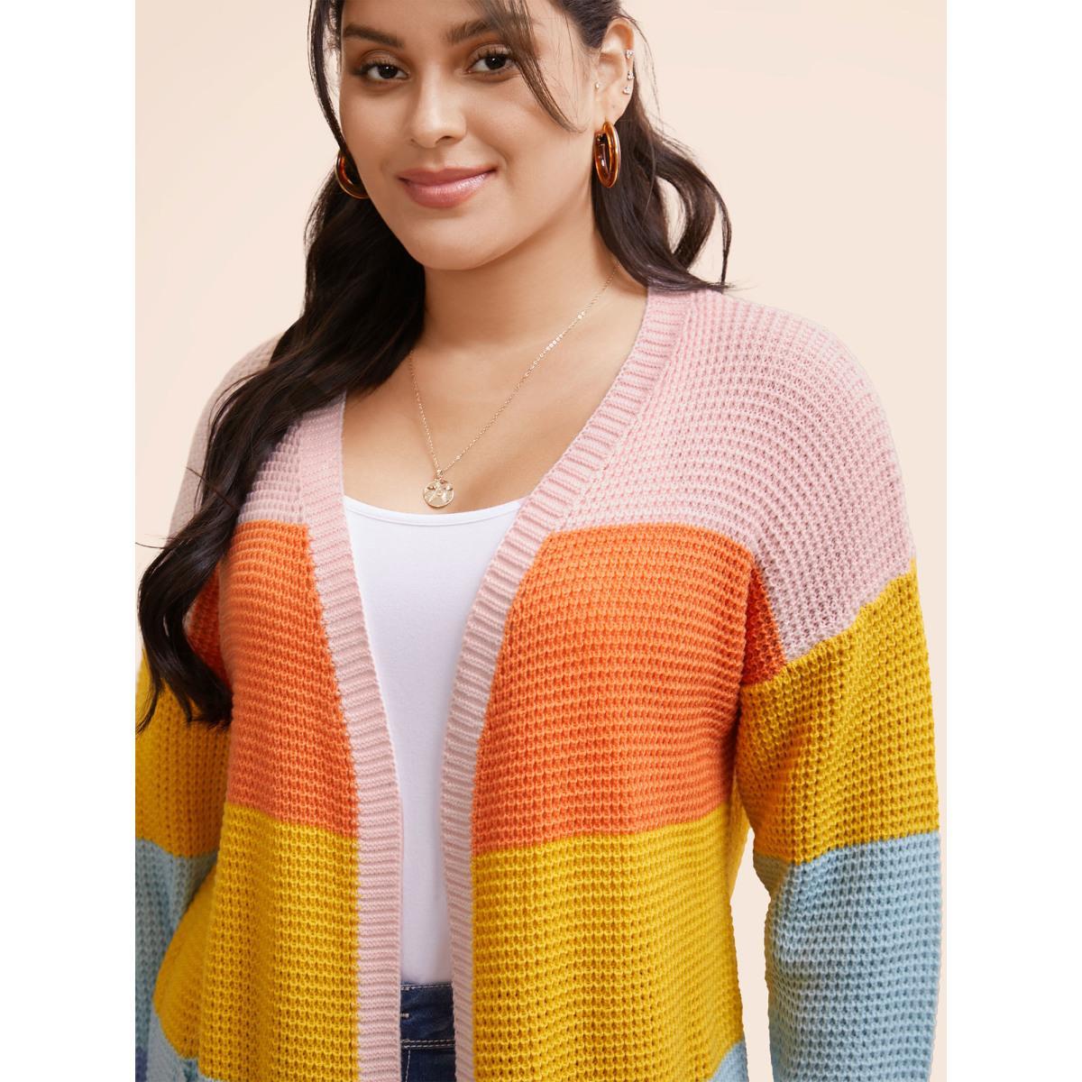 Plus Size Colorblock Contrast Drop Shoulder Pocket Cardigan Multicolor Women Casual Loose Long Sleeve Everyday Cardigans BloomChic 12/L Product Image
