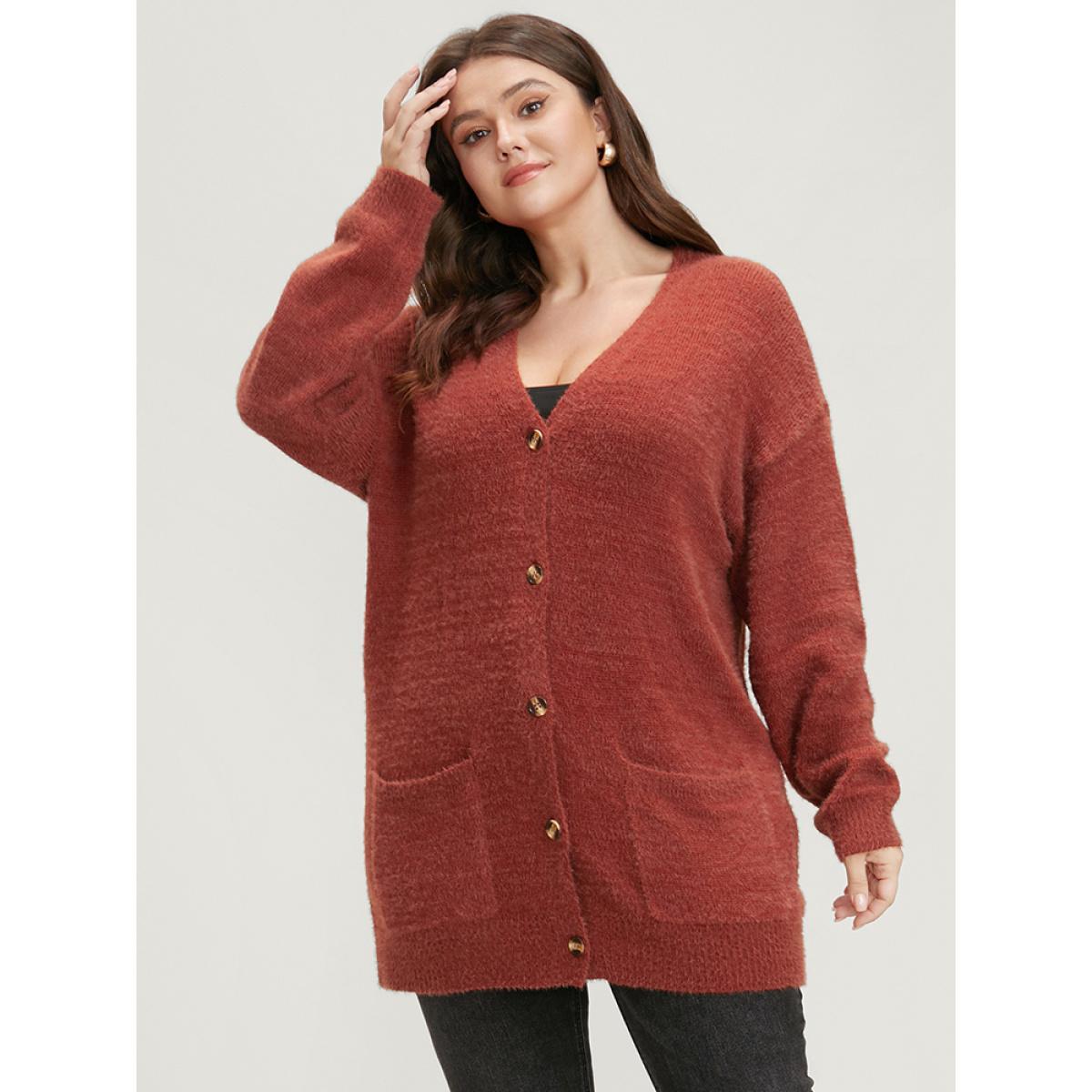 Plus Size Solid Pointelle Knit Pocket Button Front Heather Cardigan Maroon Women Casual Loose Long Sleeve Dailywear Cardigans BloomChic 28/5X Product Image