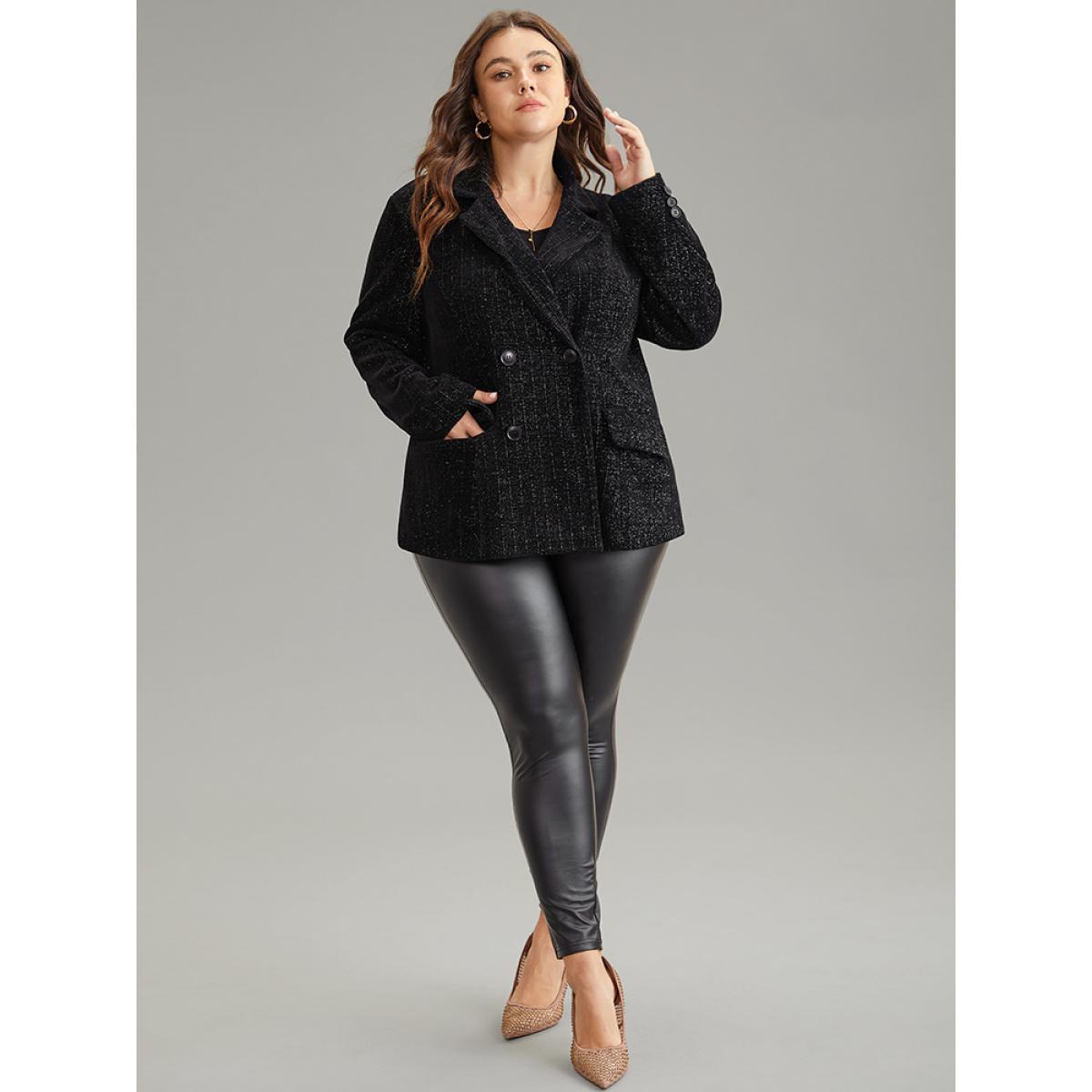 Plus Size Lurex Double Breasted Patched Pocket Blazer Black Women Dailywear Plain Velvet Sleeve Long Sleeve Suit Collar 18-20/2X Pocket Glamour Blazers BloomChic Product Image