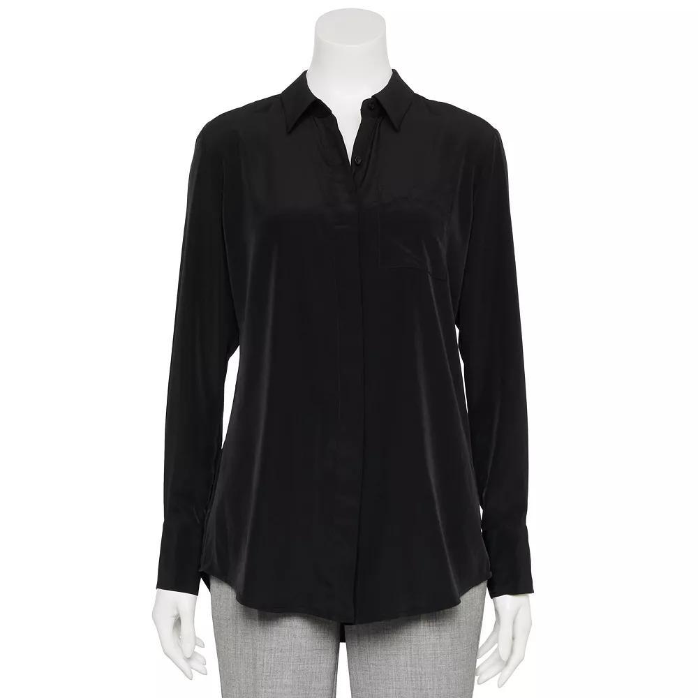 Women's Nine West Adaptive Drapey Satin Magnetic Closure Long Sleeve Shirt, Size: Small, Mineral Black Product Image