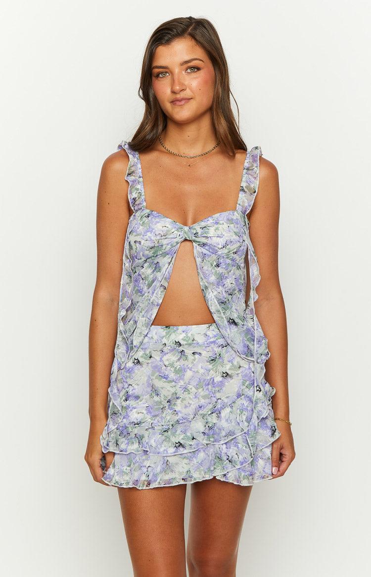 Caspian Purple Floral Print Chiffon Mini Skirt Product Image