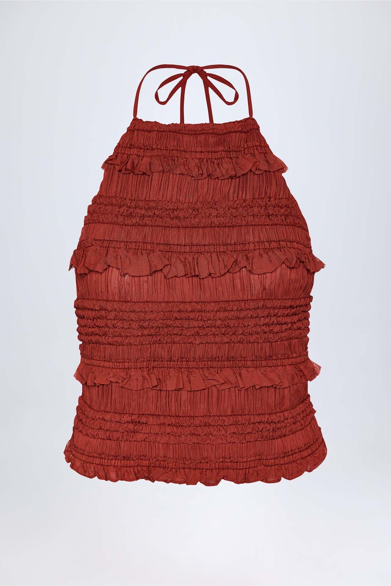 Ruffled High-Neck Backless Top in Burnt Red Product Image