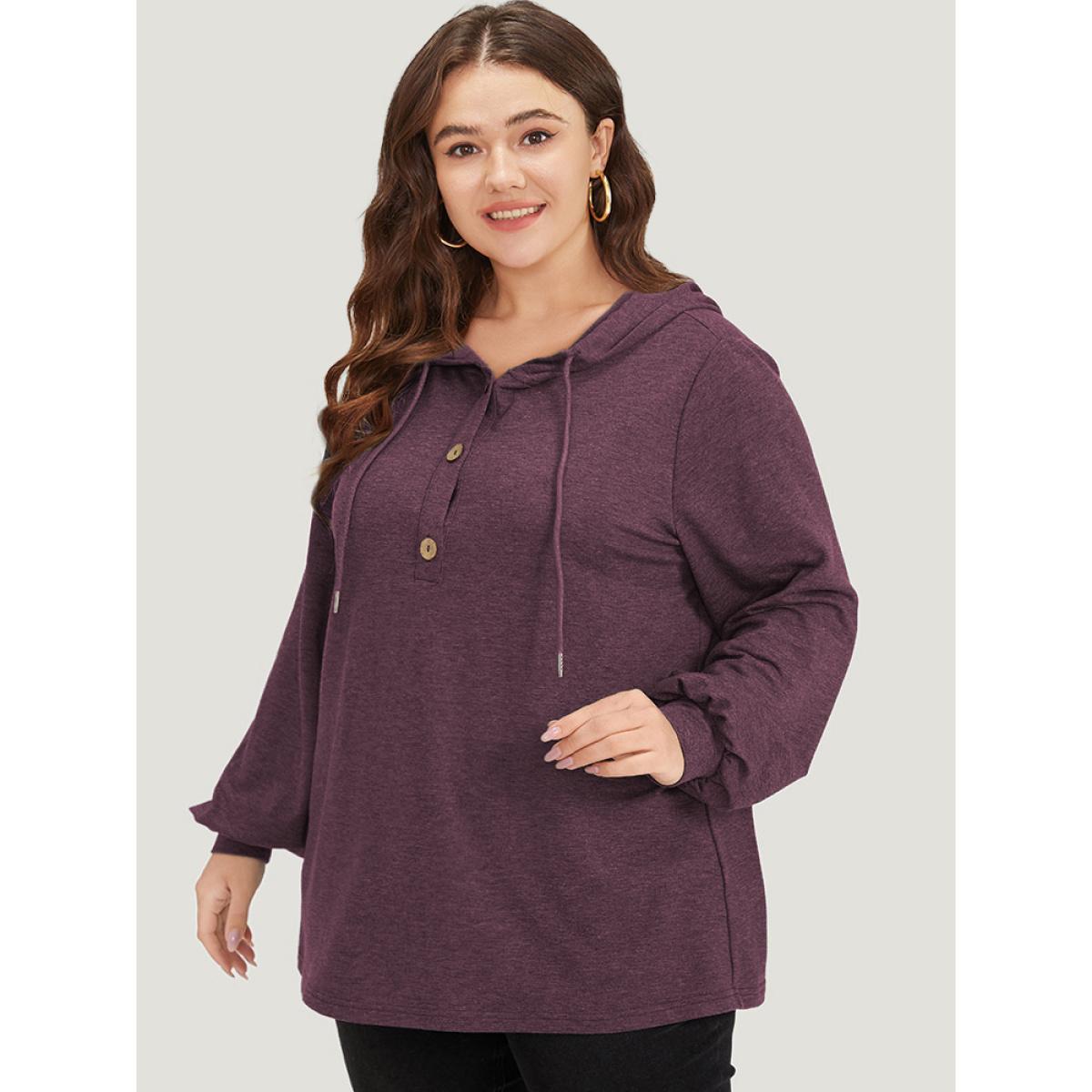 Plus Size Plain Drawstring Button Up Hooded Elastic Cuffs Sweatshirt Women Burgundy Casual Elastic cuffs Hooded Dailywear Sweatshirts BloomChic 28/5X Product Image