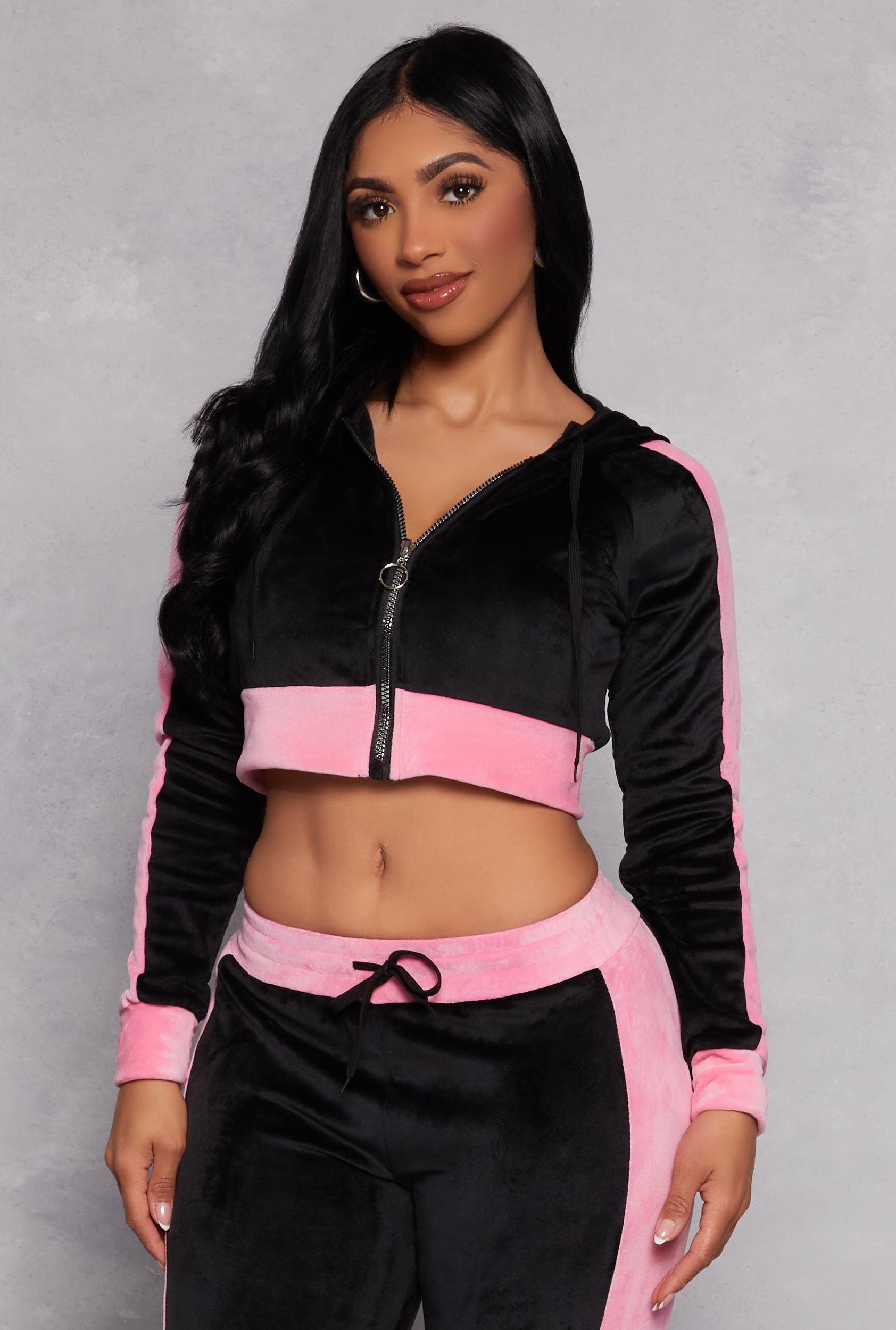 Womens Velour Side Stripe Zip Front Cropped Hoodie Product Image