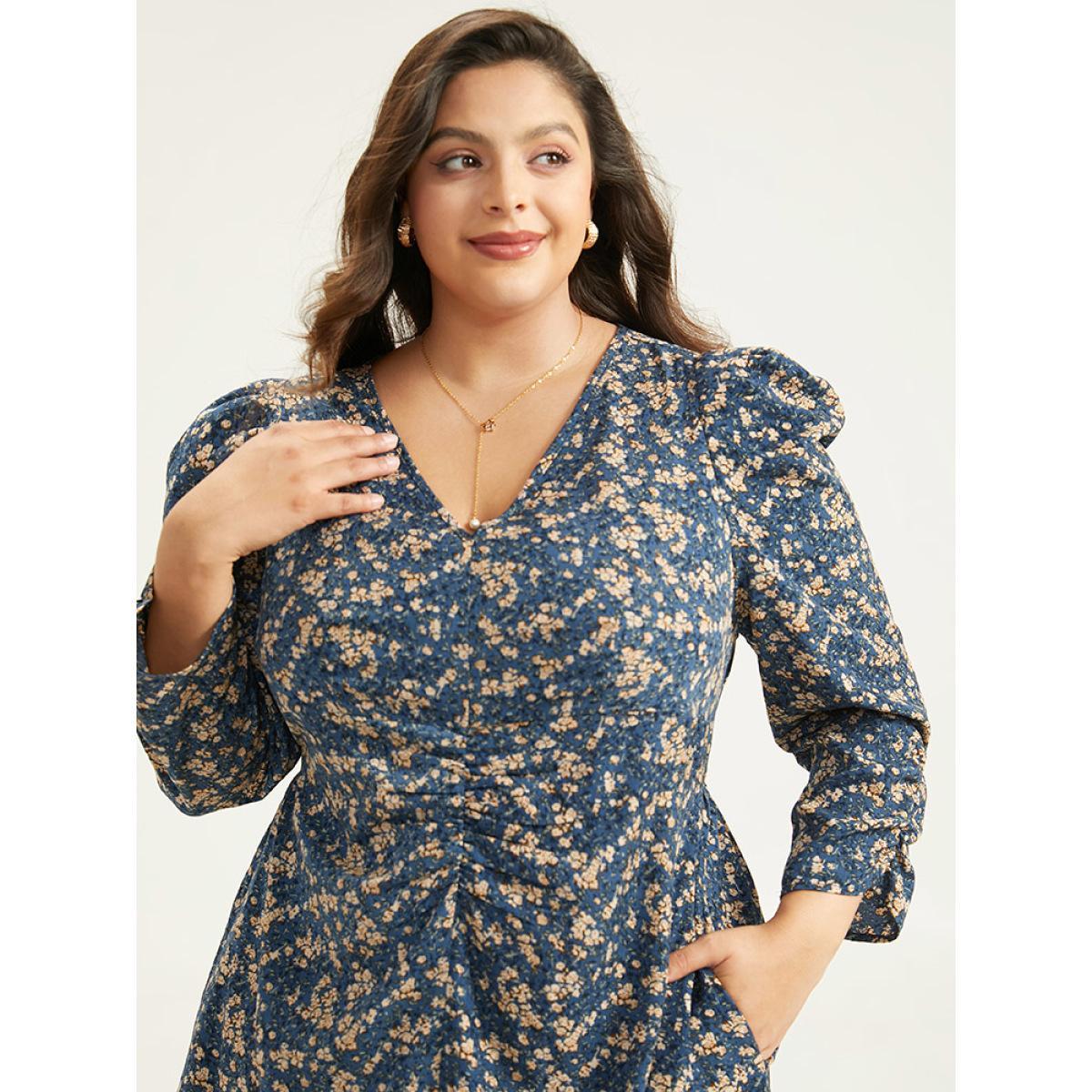 Plus Size Ditsy Floral Ruched Puff Sleeve Dress Aegean Women Elegant Printed V-neck Elbow-length sleeve Curvy Midi Dress BloomChic 18-20/2X Product Image