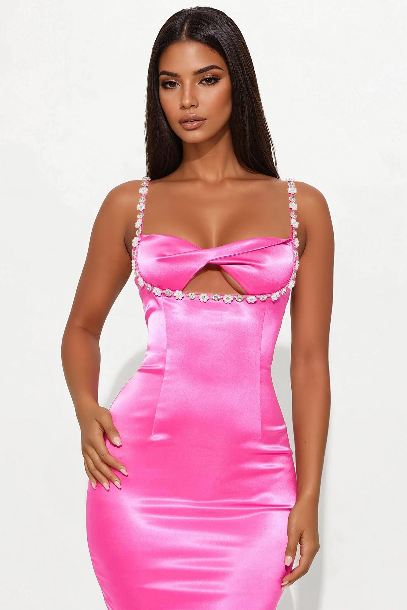 Treat Yourself Satin Midi Dress - Hot Pink Product Image