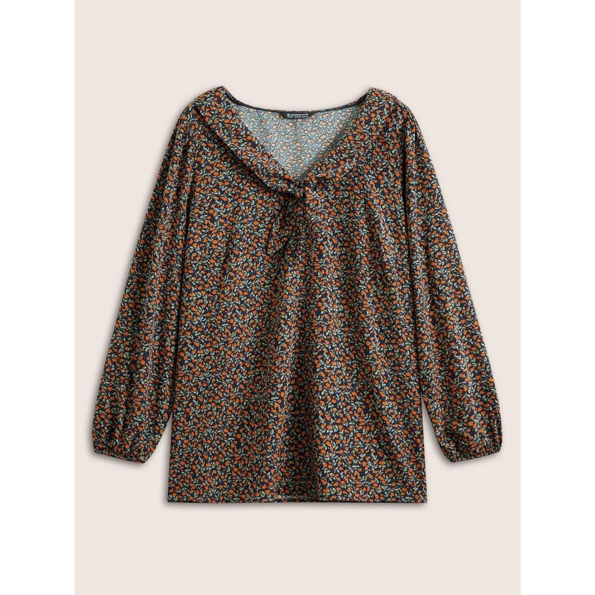 Plus Size Indigo Ditsy Floral Ties Elastic Cuffs Blouse Women Elegant Long Sleeve V-neck Everyday Blouses BloomChic 22-24/3X Product Image