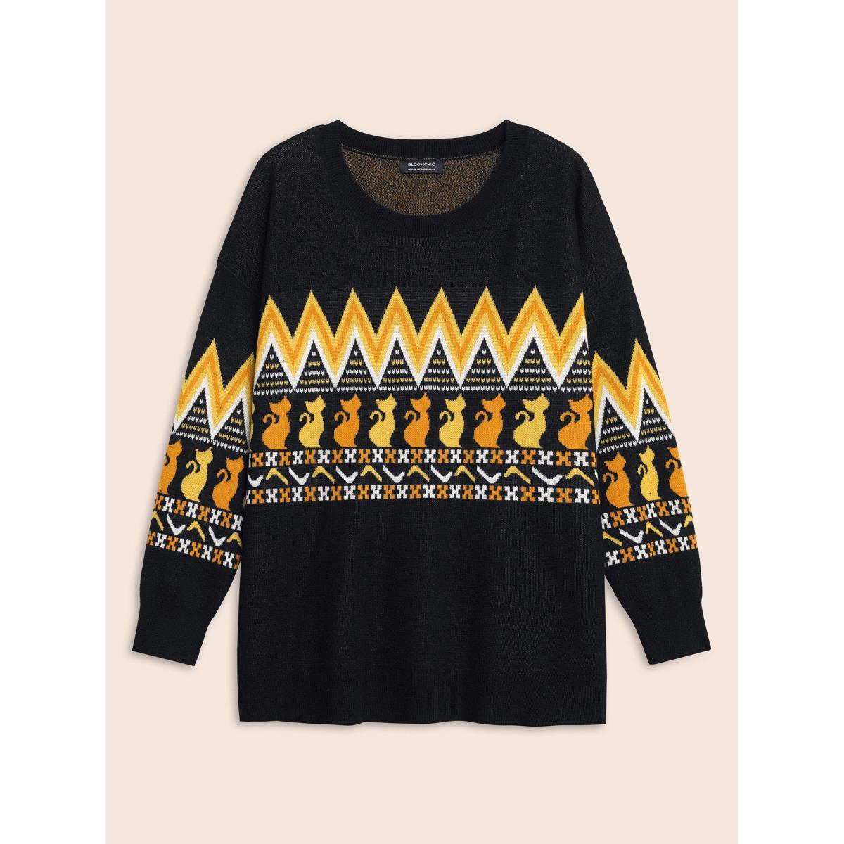 Plus Size Cat Printed Jacquard Fair Isle Pullover Black Women Casual Long Sleeve Round Neck Everyday Pullovers BloomChic 26/4X Product Image