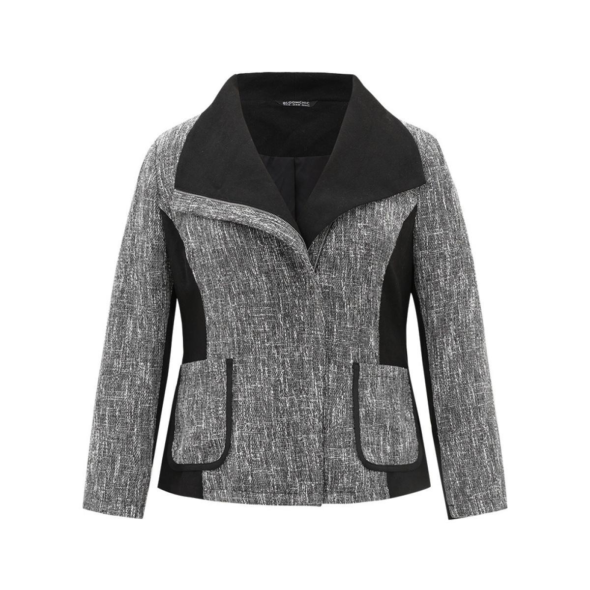 Plus Size Contrast Patchwork Zipper Lapel Collar Tweed Coat Women DimGray Casual Lined Ladies Dailywear Winter Coats BloomChic 18-20/2X Product Image