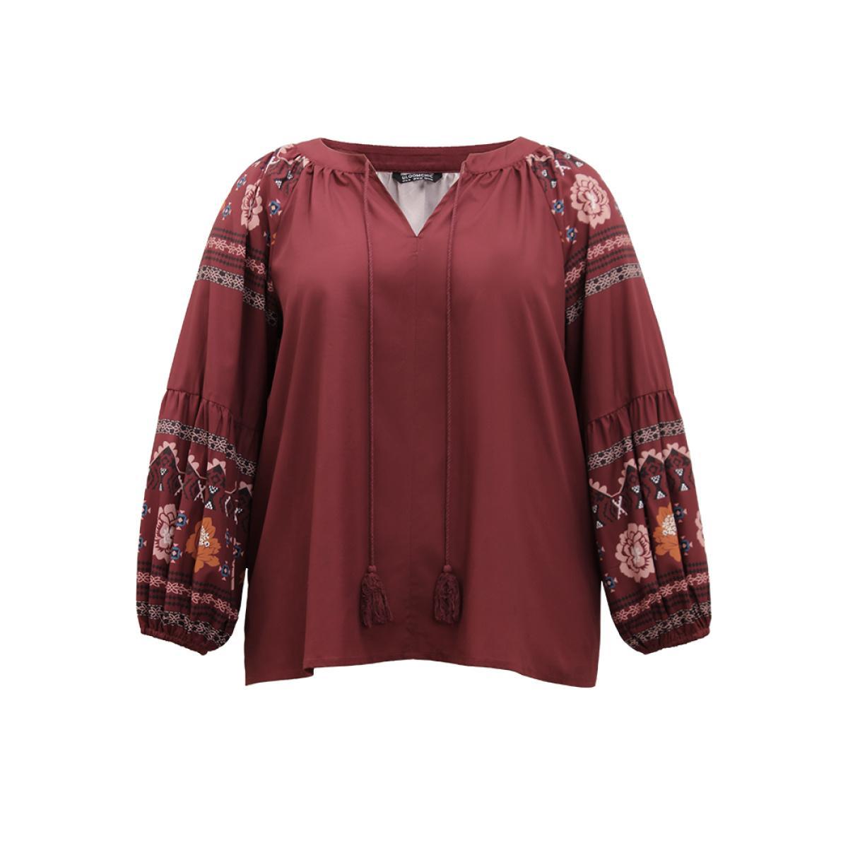 Plus Size Scarlet Boho Print Tie Neck Tassel Trim Blouse Women Vacation Long Sleeve Tie Neck Dailywear Blouses BloomChic 10/M Product Image