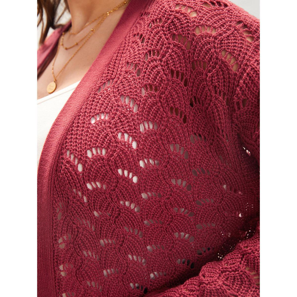 Plus Size Plain Pointelle Knit Cut Out Pocket Open Front Mid Long Cardigan Burgundy Women Casual Loose Long Sleeve Dailywear Cardigans BloomChic 10/M Product Image