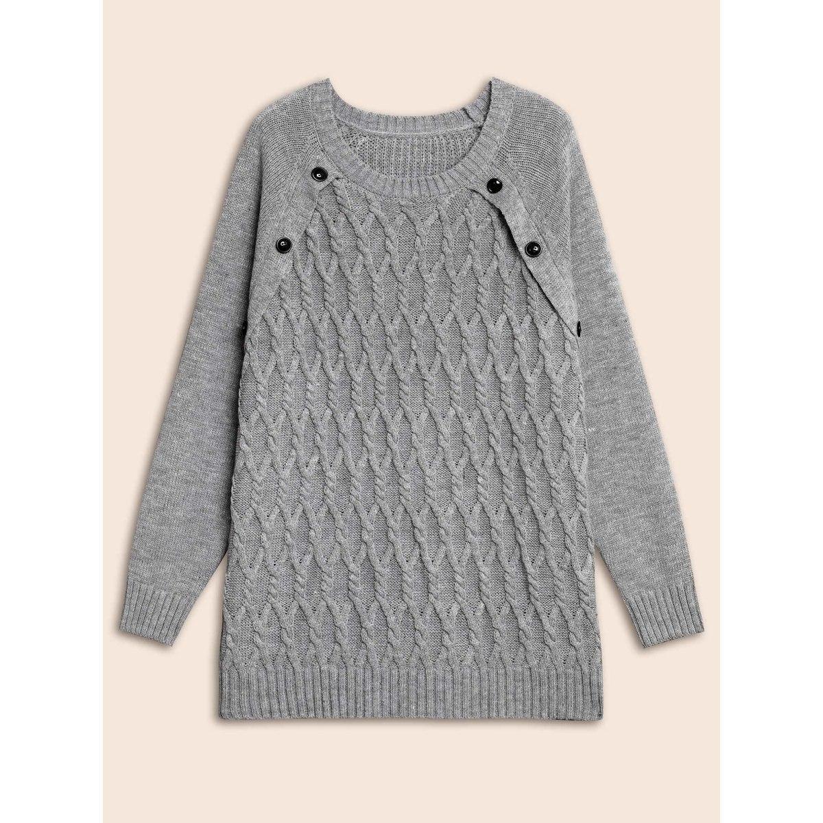 Plus Size Texture Cable Knit Button Detail Pullover Mediumgray Women Casual Loose Long Sleeve Round Neck Everyday Pullovers BloomChic 26/4X Product Image