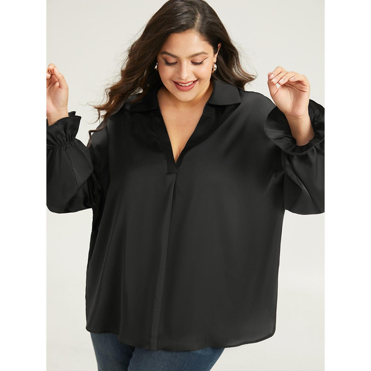 Plus Size Black Knot Pleated Lantern Sleeve Blouse Women Office Long Sleeve Shirt collar Work Blouses BloomChic 10/M Product Image