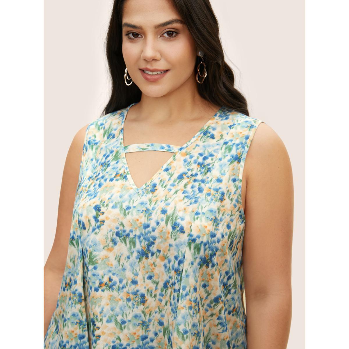 Plus Size Watercolor Floral Keyhole Hanky Hem Tank Top Women Multicolor Elegant Contrast Non Everyday Tank Tops Camis BloomChic 18-20/2X Product Image