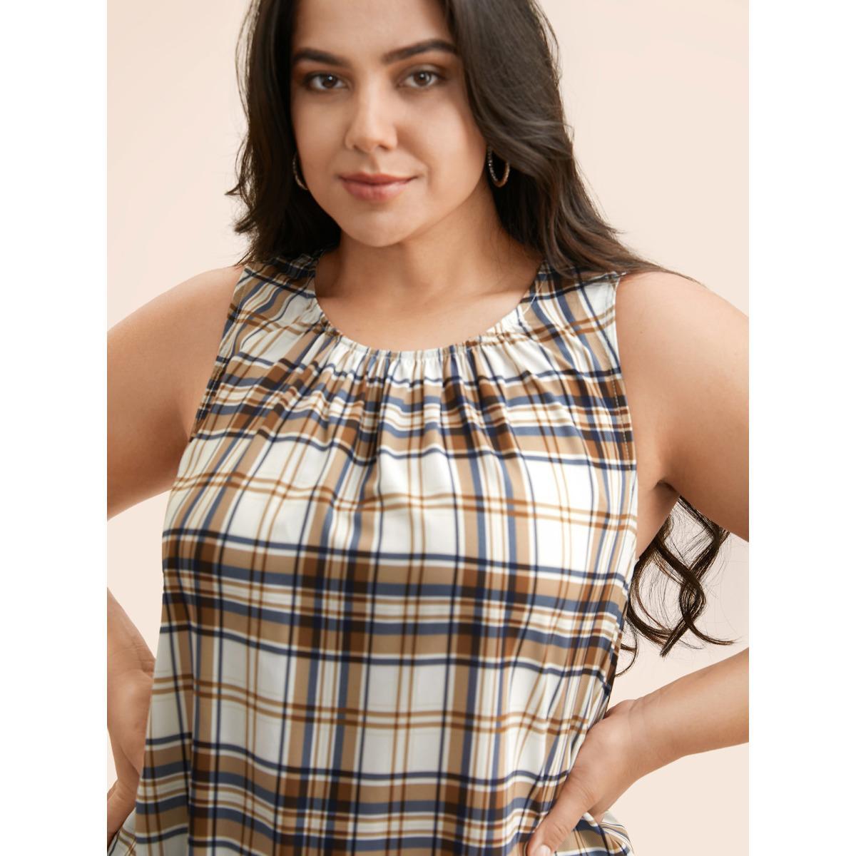 Plus Size Crew Neck Plaid Gathered Tank Top Women Multicolor Casual Gathered Ribbon-tied collar Everyday Tank Tops Camis BloomChic 22-24/3X Product Image