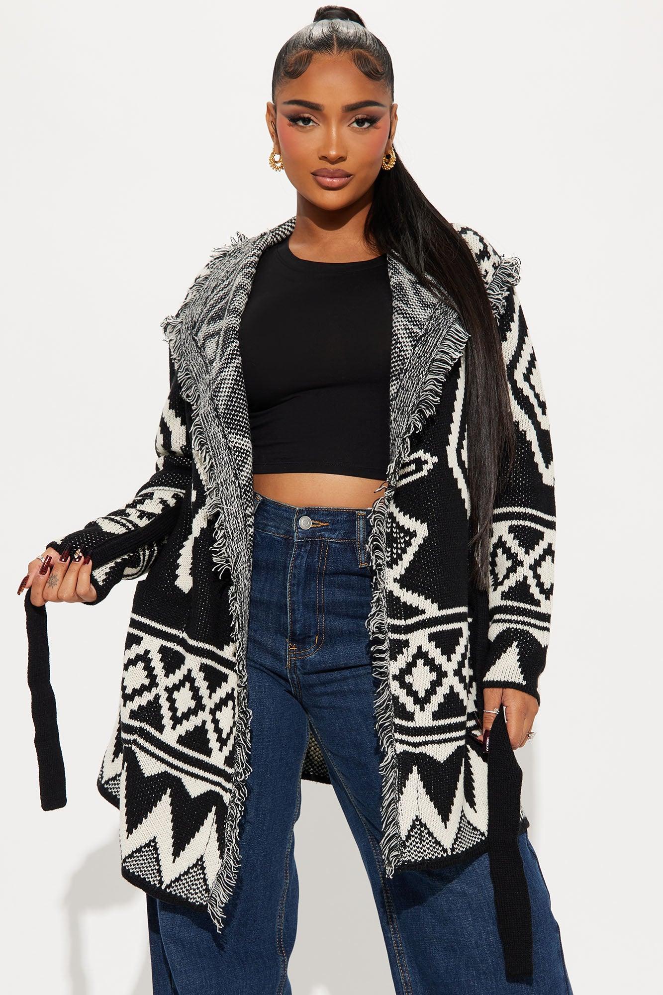 Snow Fall Printed Fringe Cardigan - Black/White Product Image