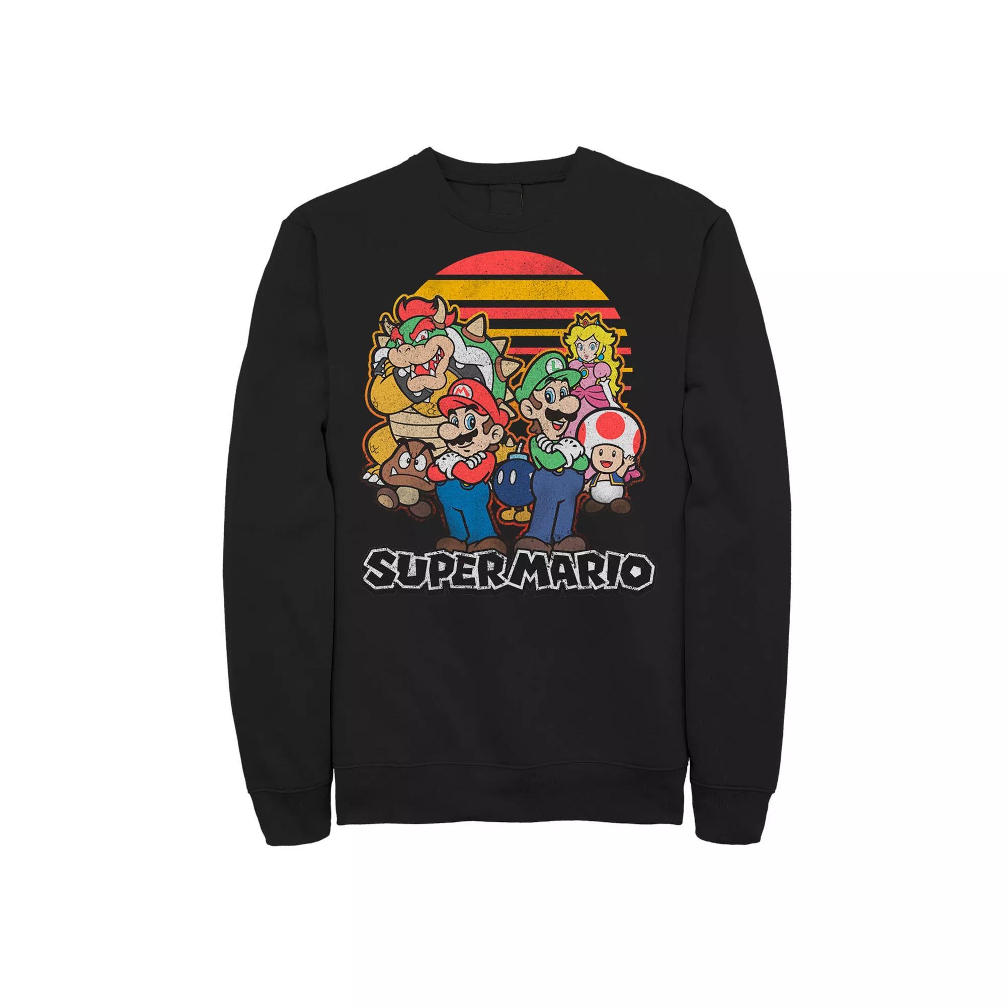 Men's Super Mario Retro Sunset Group Shot Sweatshirt, Size: XL, Black Product Image
