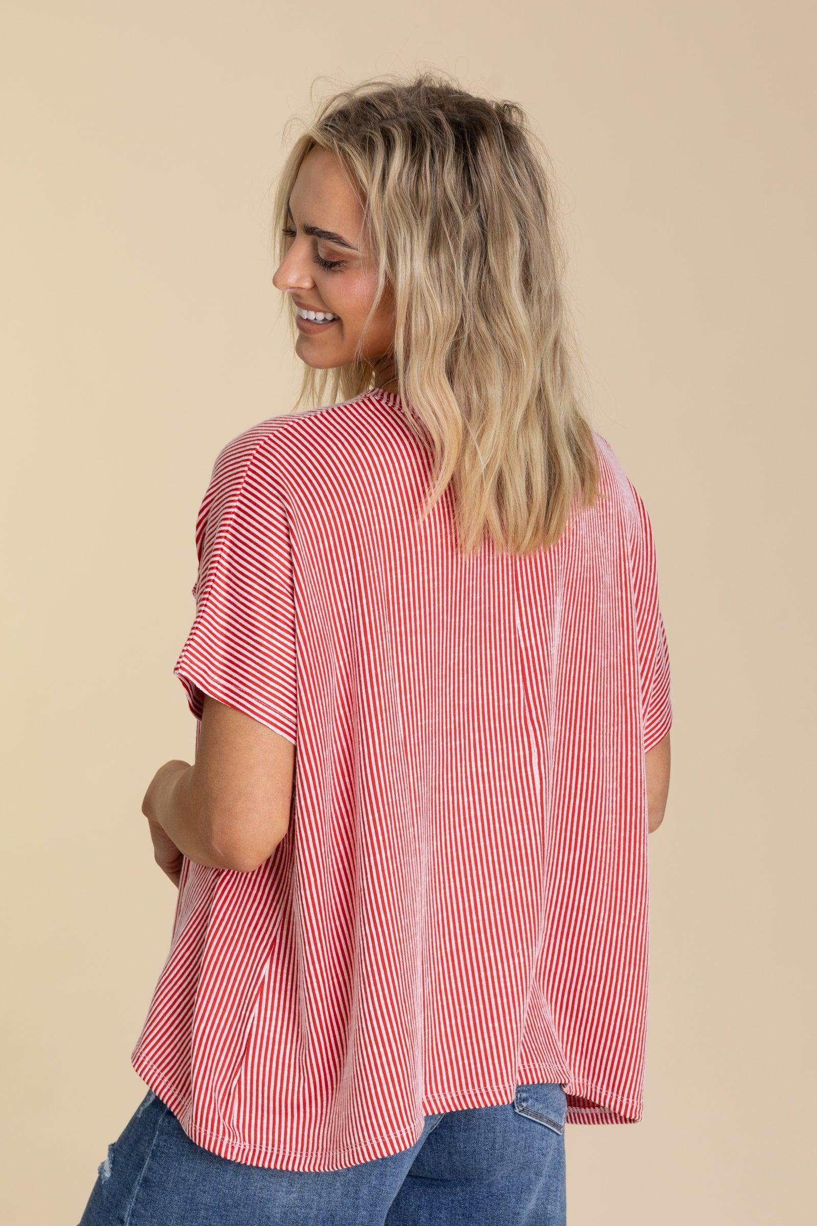 Ribbed Front Pocket Short Sleeve Knit Tops Product Image