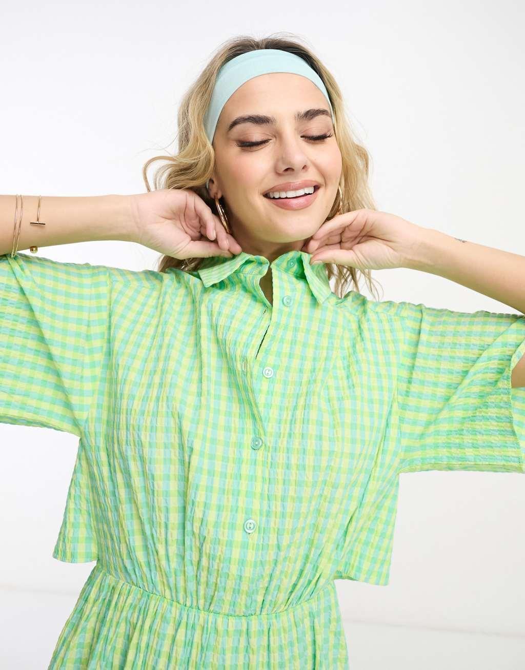 ASOS DESIGN cut out back shirt mini dress with seersucker green and yellow check-Multi Product Image
