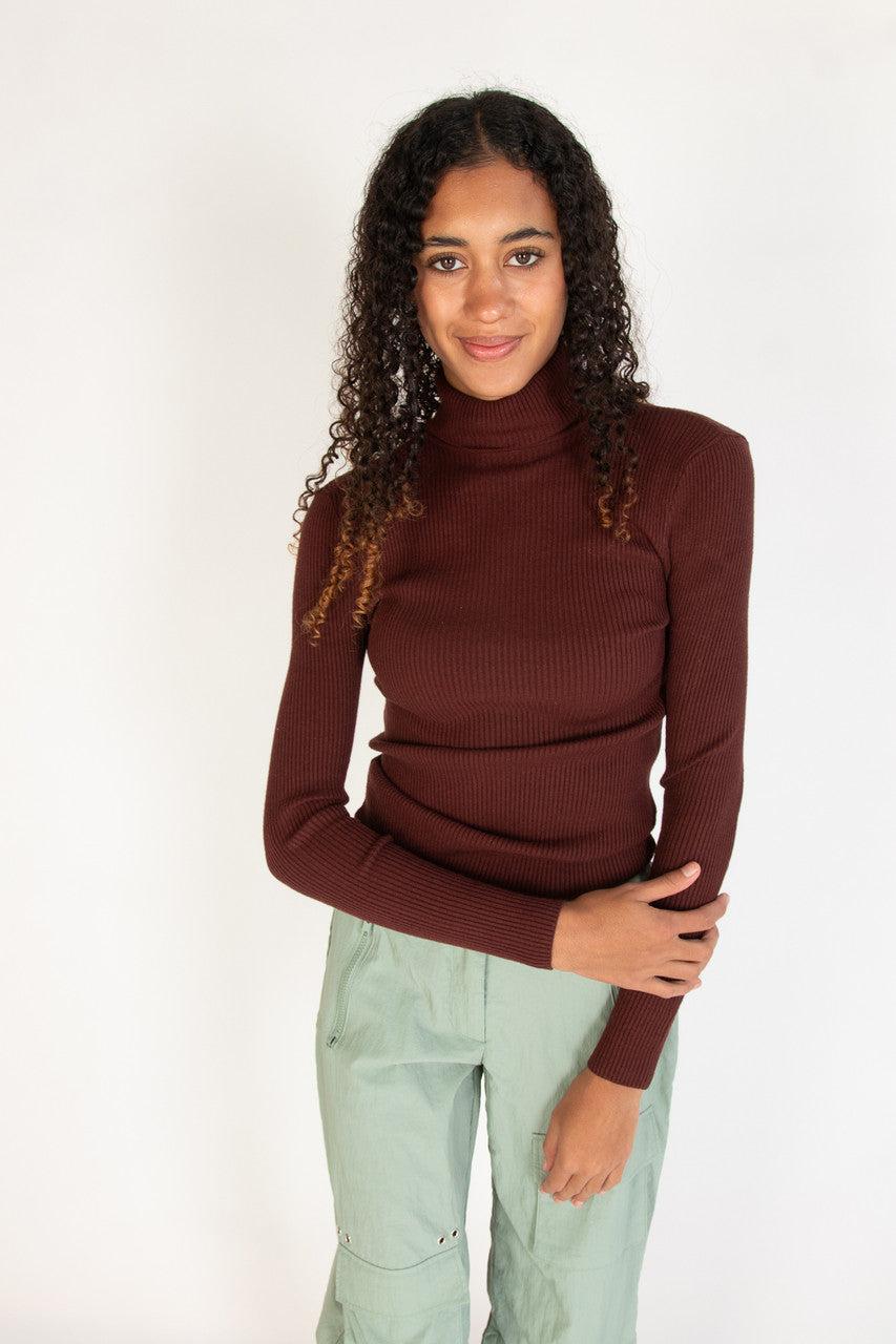 Dark Oak Ribbed Turtleneck Sweater Product Image