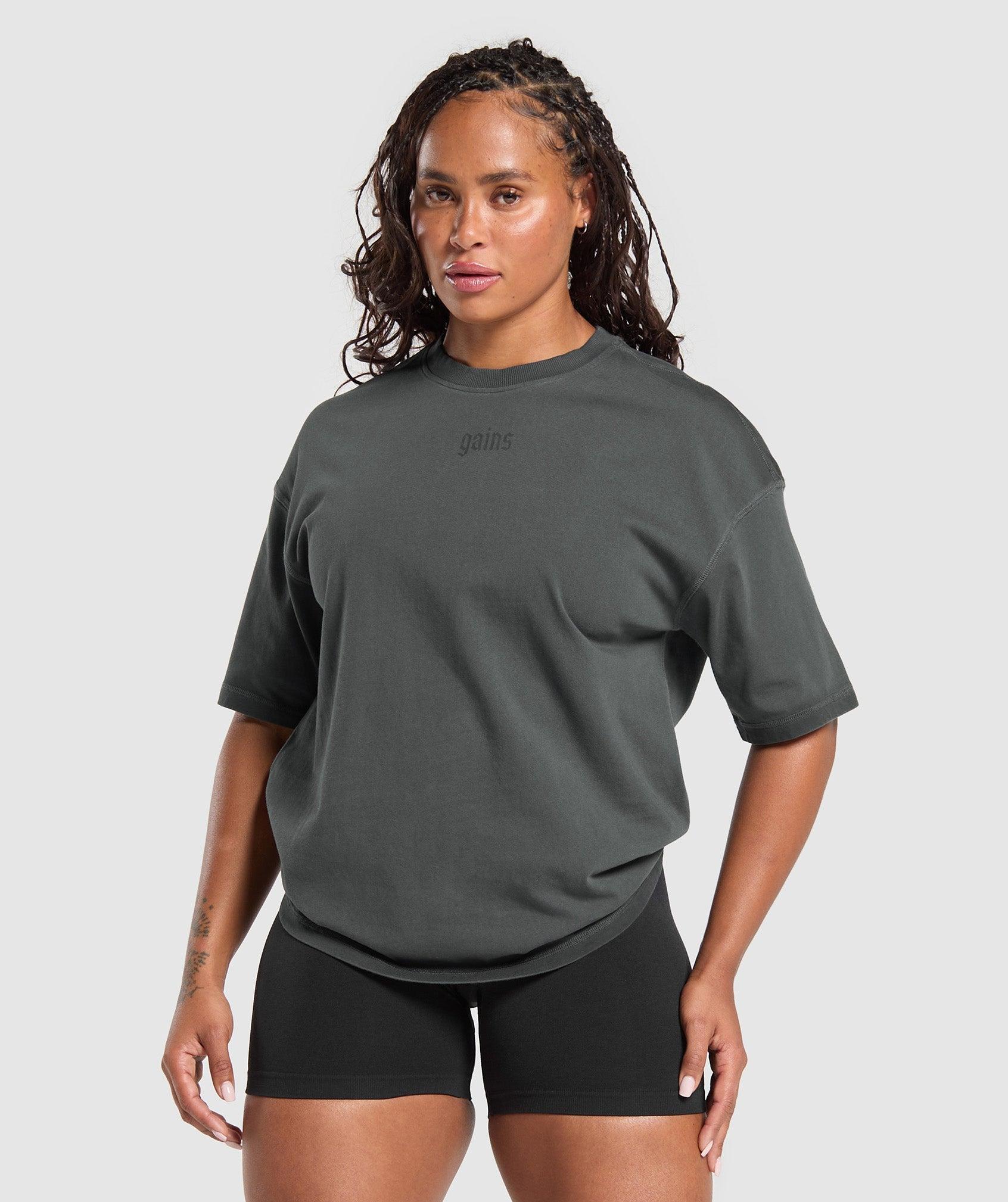 Gymshark Gains Washed Heavyweight Cotton T-Shirt - Asphalt Grey/Black Female Product Image