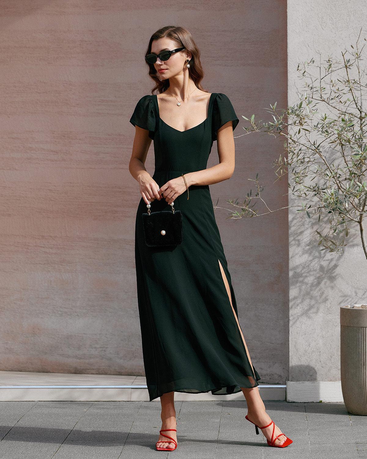 Black Sweetheart Neck Chiffon Maxi Dress Product Image
