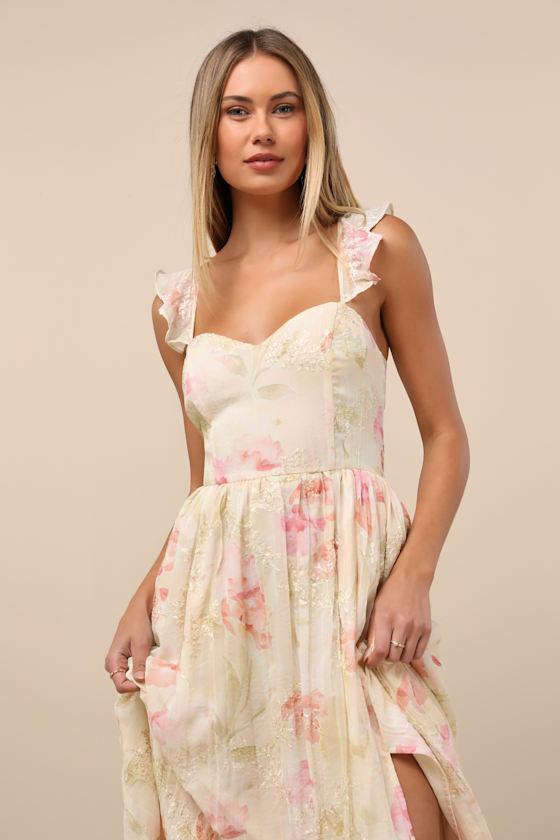 Miara Cream and Pink Floral Embroidered Ruffled Midi Dress Product Image