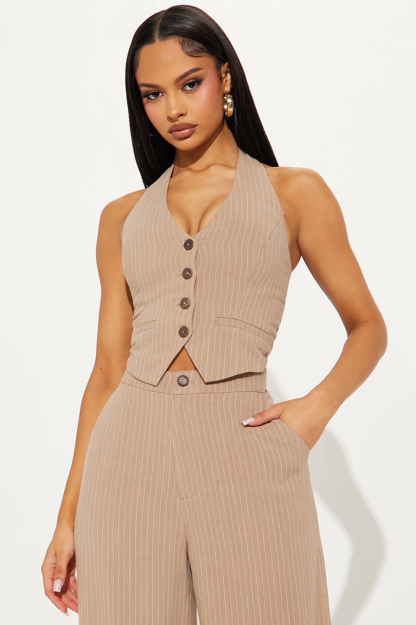 Penelope Pinstripe Linen Jumpsuit - Taupe Product Image