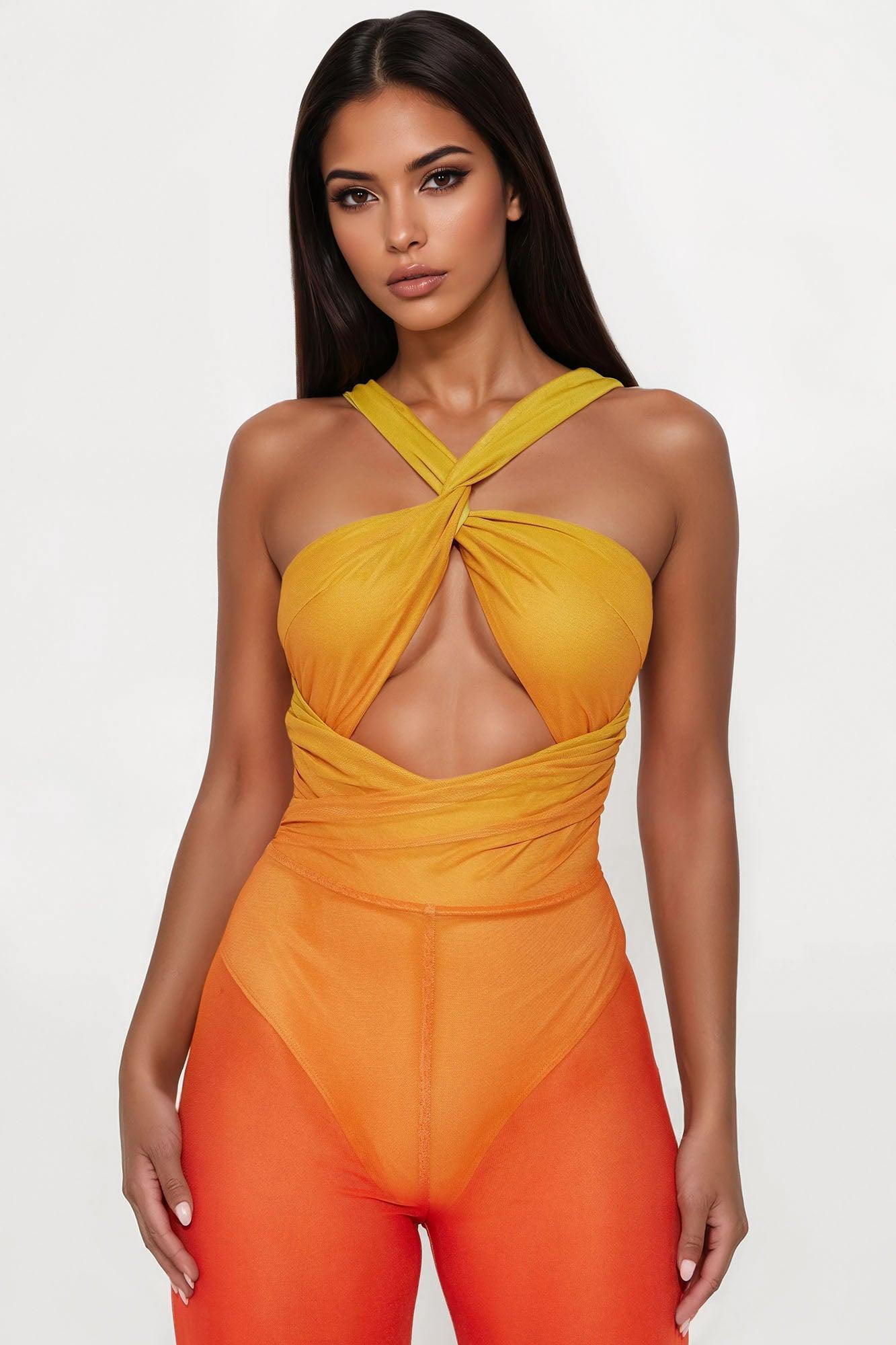 On The Horizon Mesh Ombre Jumpsuit - Orange/combo Product Image