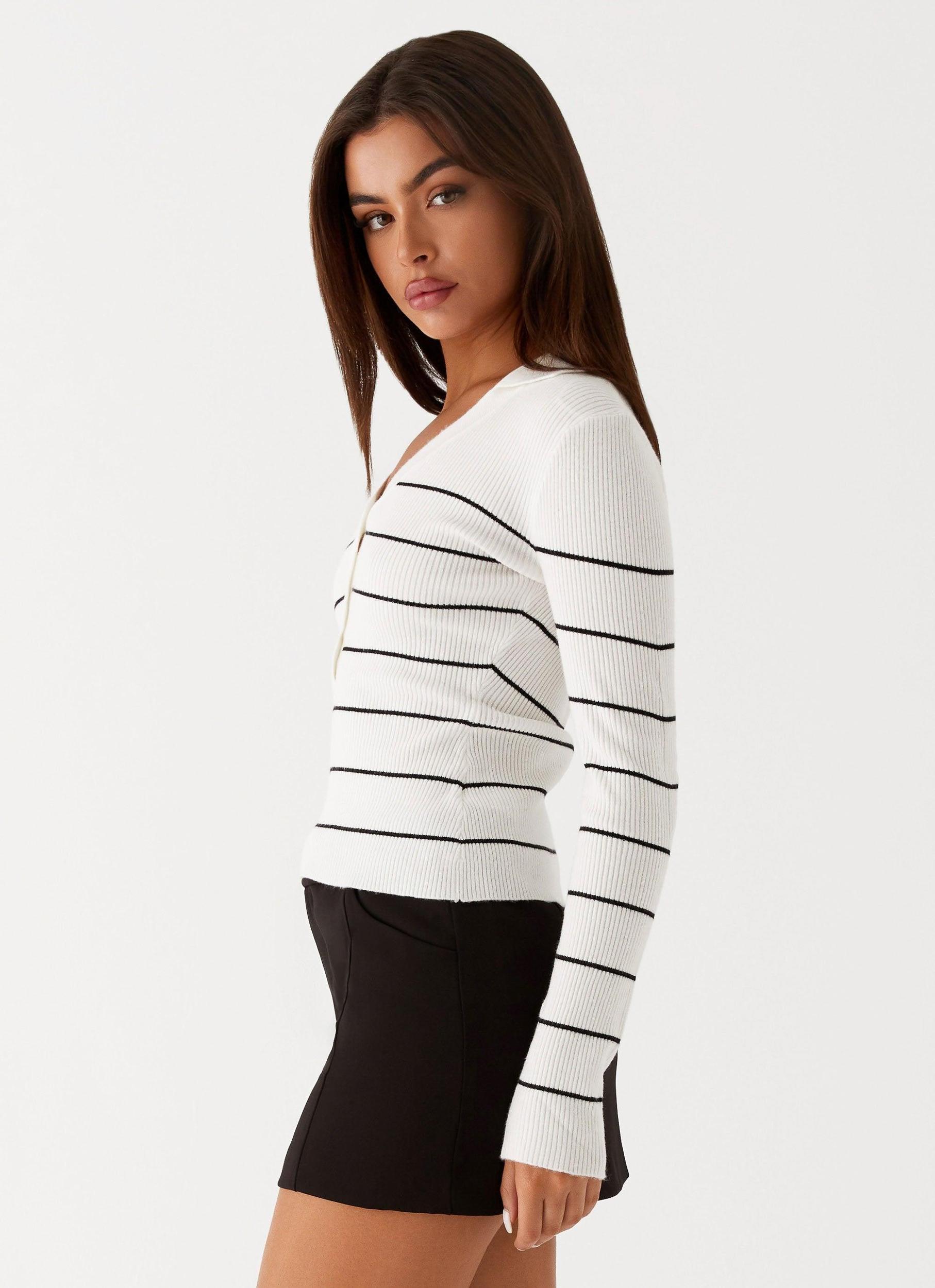 Kelisa Long Sleeve Knit Top - White Stripe Product Image