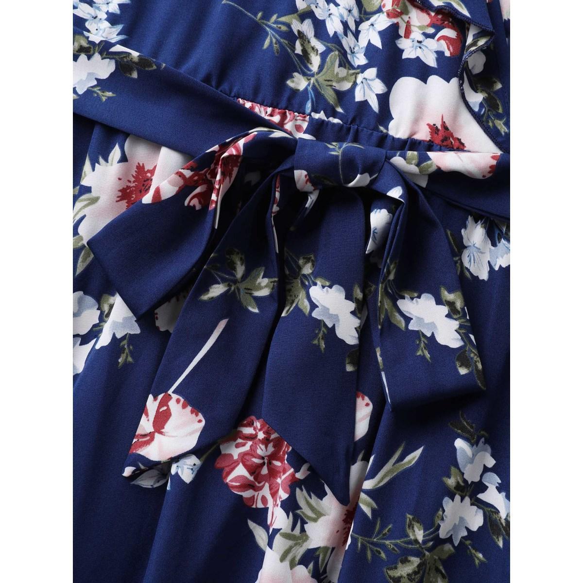 Plus Size Floral Belted Waist Ruffled Pockets Midi Dress DarkBlue Women Overlap Collar Cap Sleeve Curvy BloomChic 30/6X Product Image