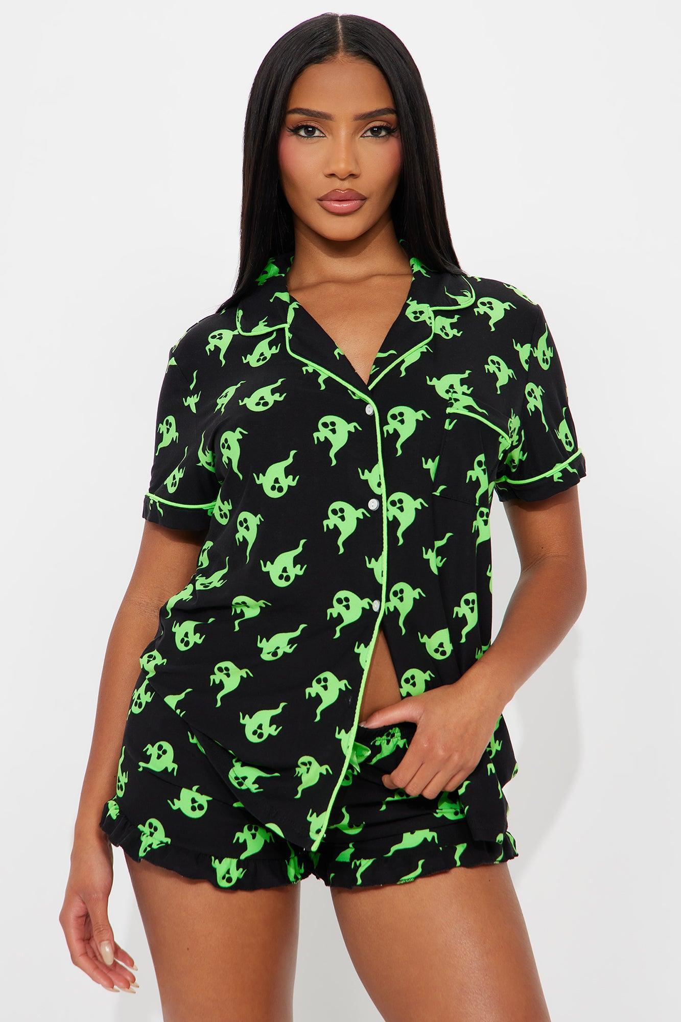 Ghosting You Short Sleeve Halloween PJ Short Set - Black/Green Product Image