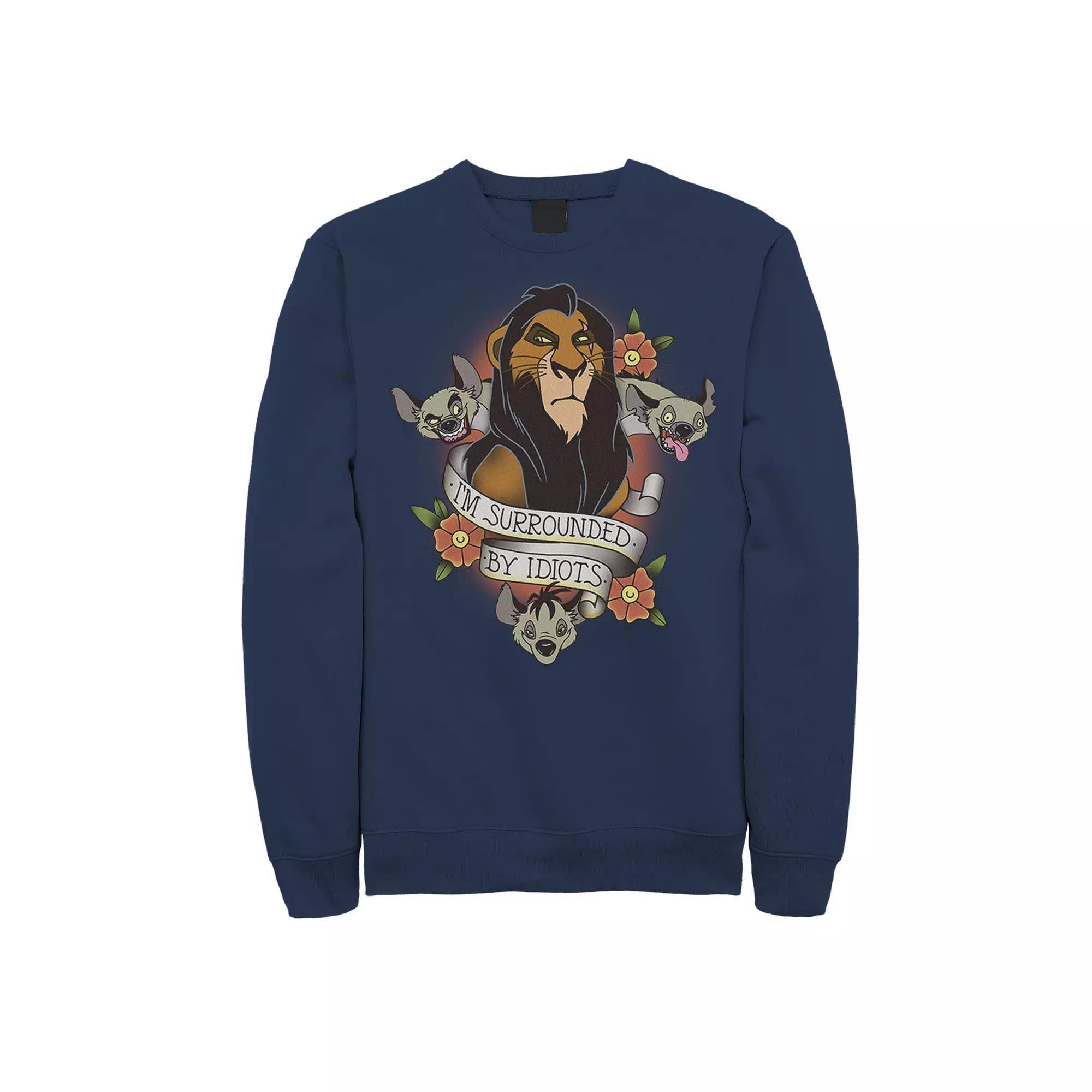 Disney's The Lion King Men's Scar With Hyenas Surrounded By Idiots Graphic Fleece Pullover, Size: XXL, Grey Heather Product Image