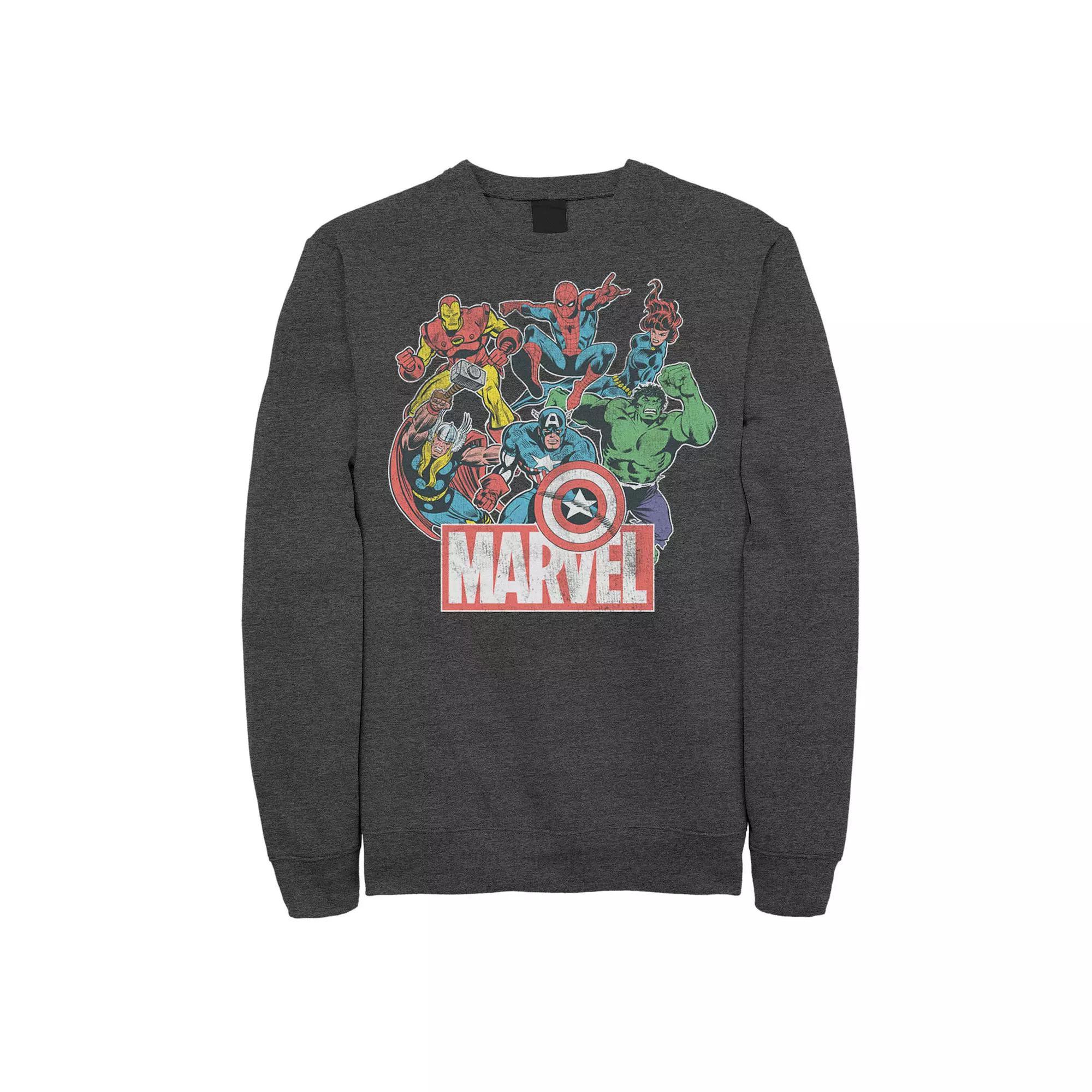 Mens Marvel Avengers Team Retro Comic Vintage Graphic Fleece Pullover Grey Heather Product Image
