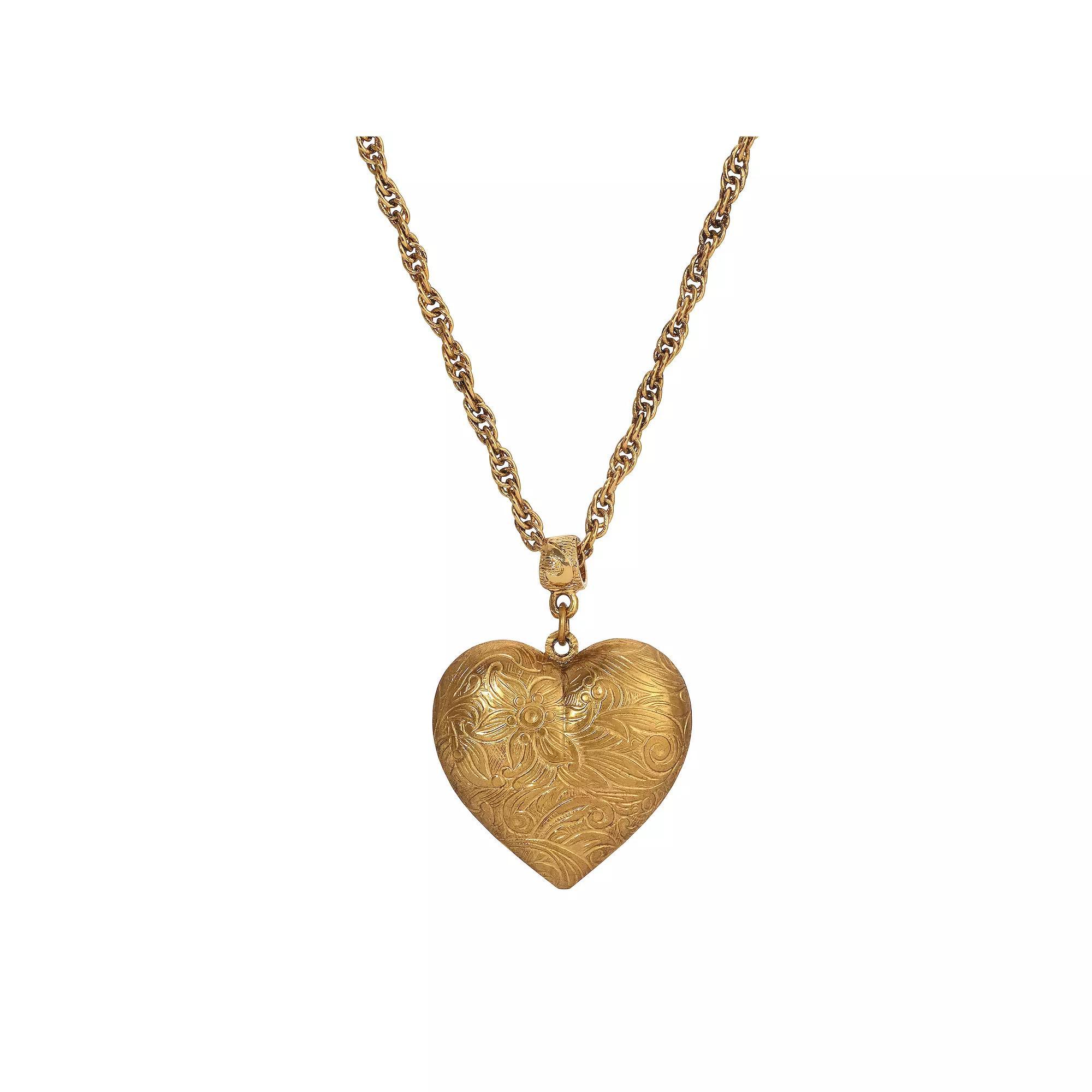 1928 Gold Tone Etched Heart Pendant Necklace, Womens, Yellow Product Image