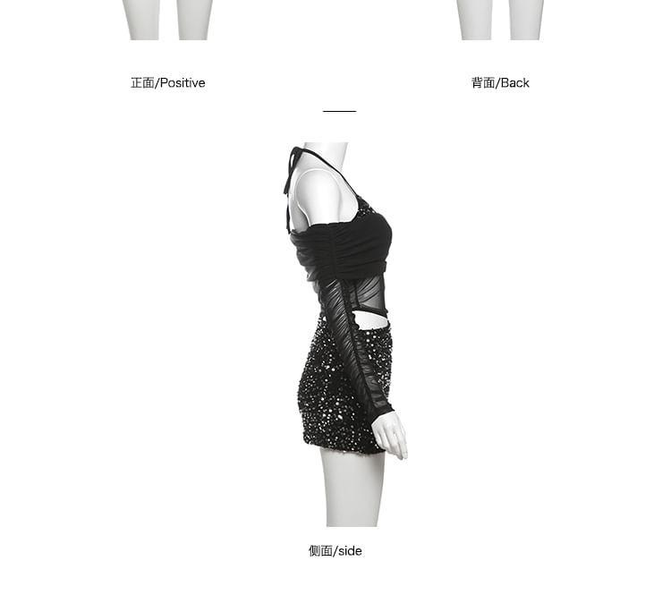 Set: Long Sleeve Off Shoulder Sequin Cutout Panel Mesh Mini Sheath Dress + Halter Bra Top Product Image