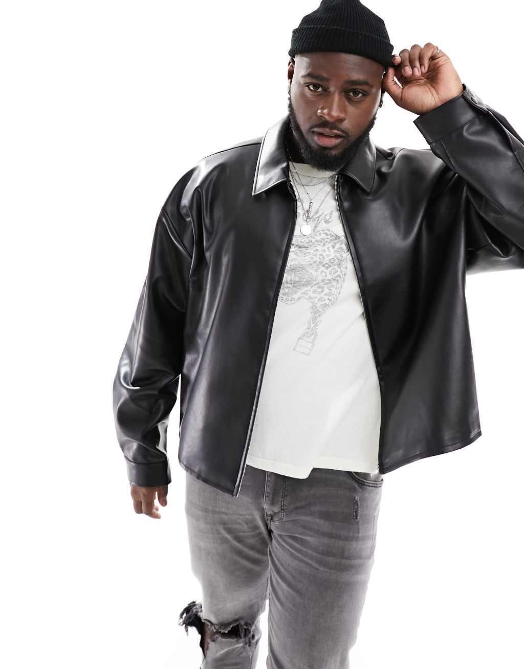 ASOS DESIGN oversized cropped faux leather harrington jacket in black Product Image