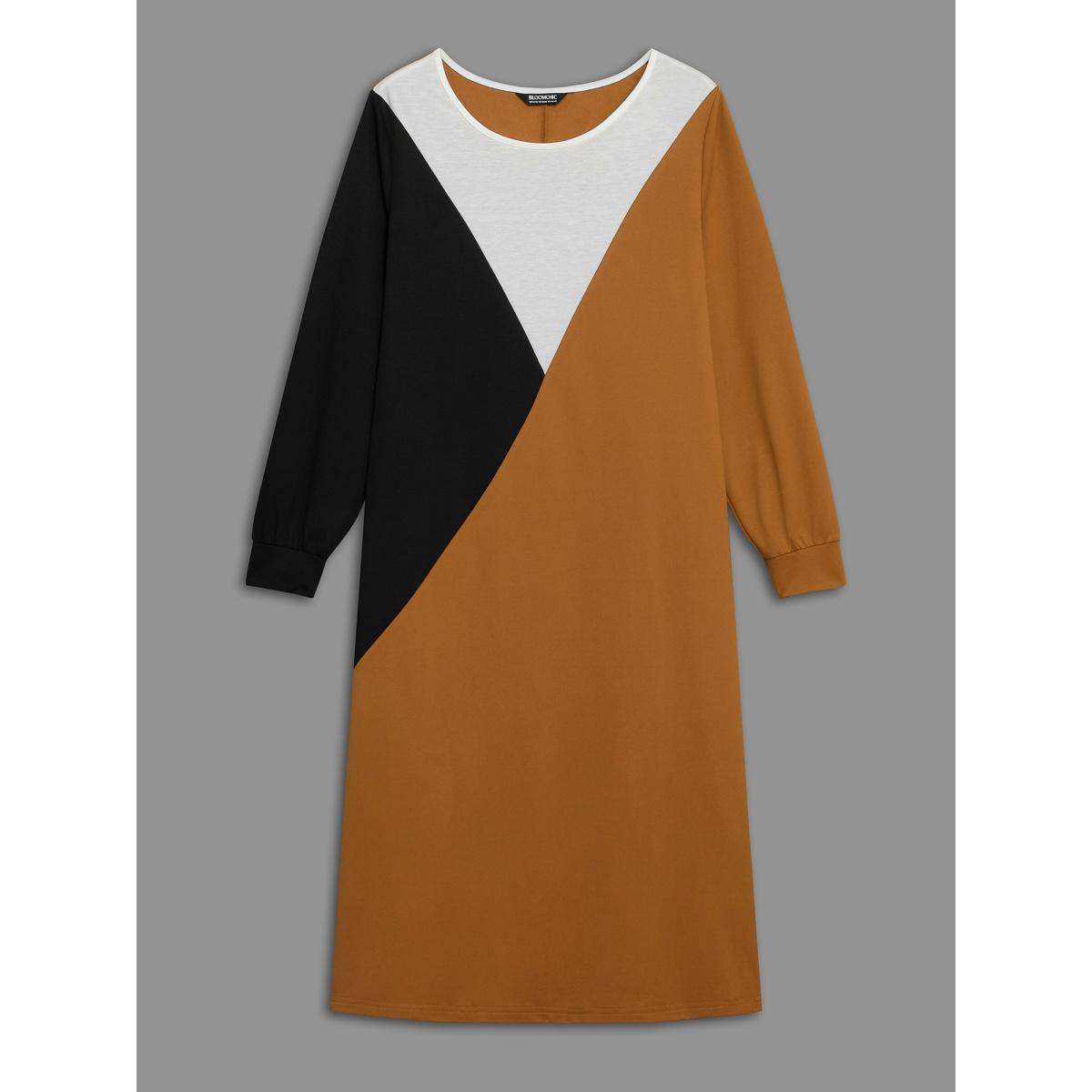 Plus Size Colorblock Contrast Pockets Knitted Midi Dress Yellowishbrown Women Casual Contrast Knit Dresses Bloomchic 30/6X Product Image