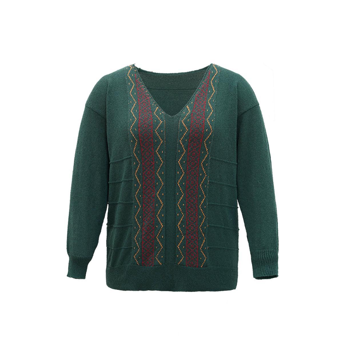 Plus Size Bandana Embroidered Drop Shoulder Elastic Cuffs Pullover DarkGreen Women Casual Loose Long Sleeve V-neck Dailywear Pullovers BloomChic 12/L Product Image