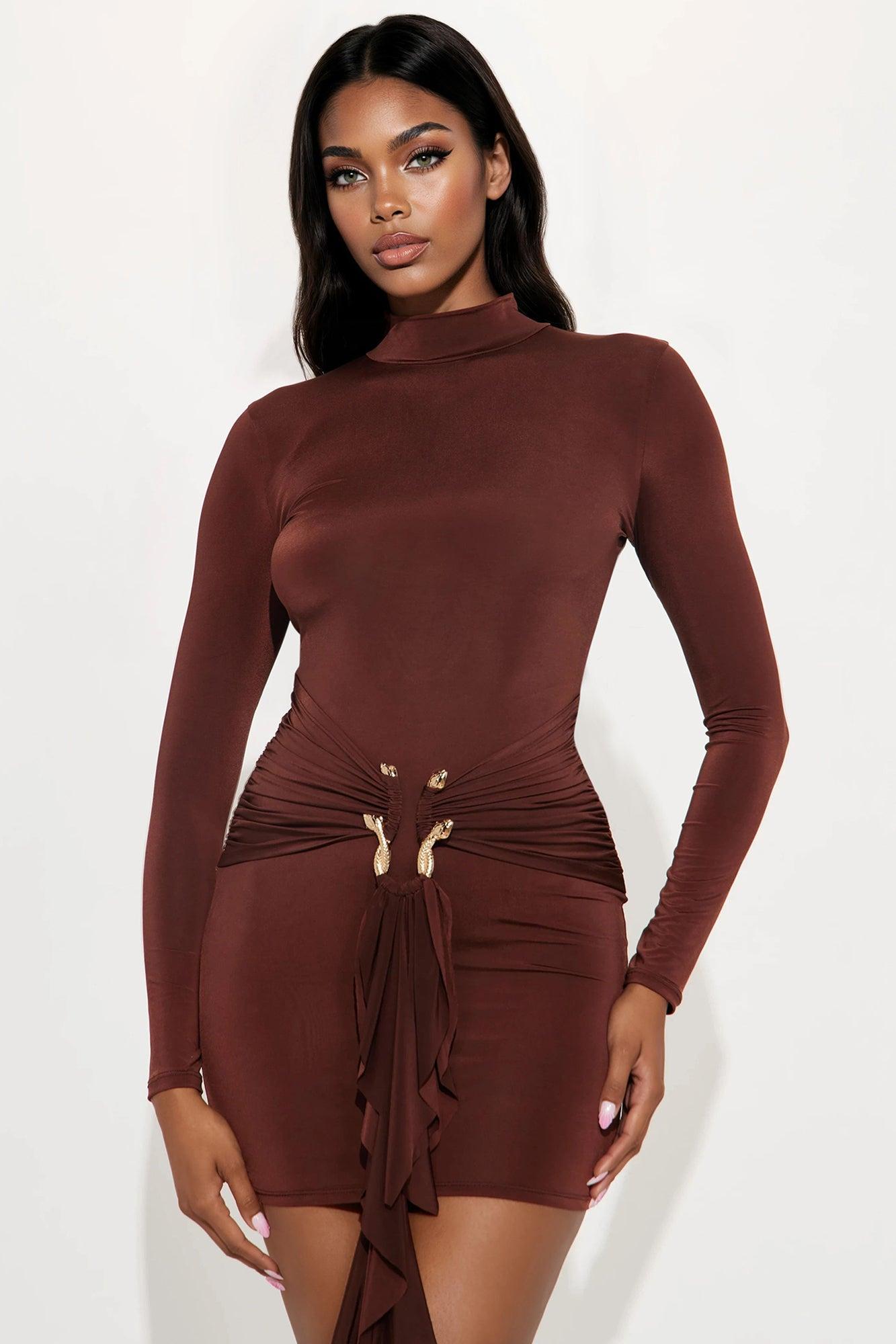 In The Moment Long Sleeve Mini Dress - Chocolate Product Image