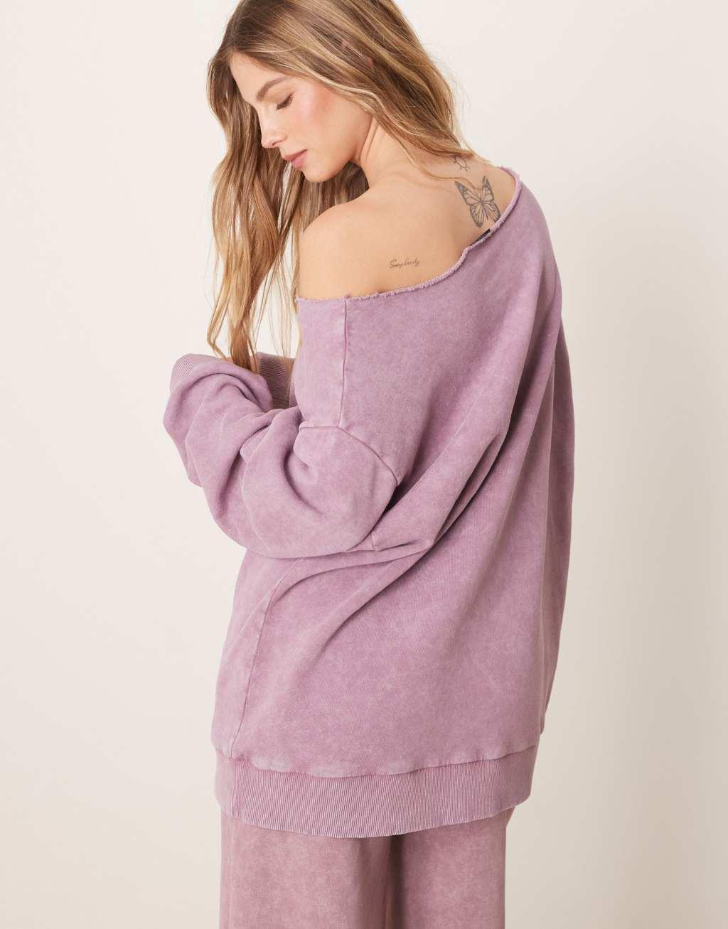 ASOS DESIGN off-shoulder sweatshirt in washed purple Product Image