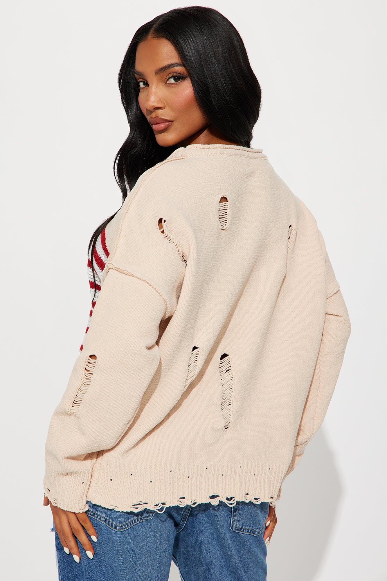 Proud Distressed Flag Sweater - Beige Product Image