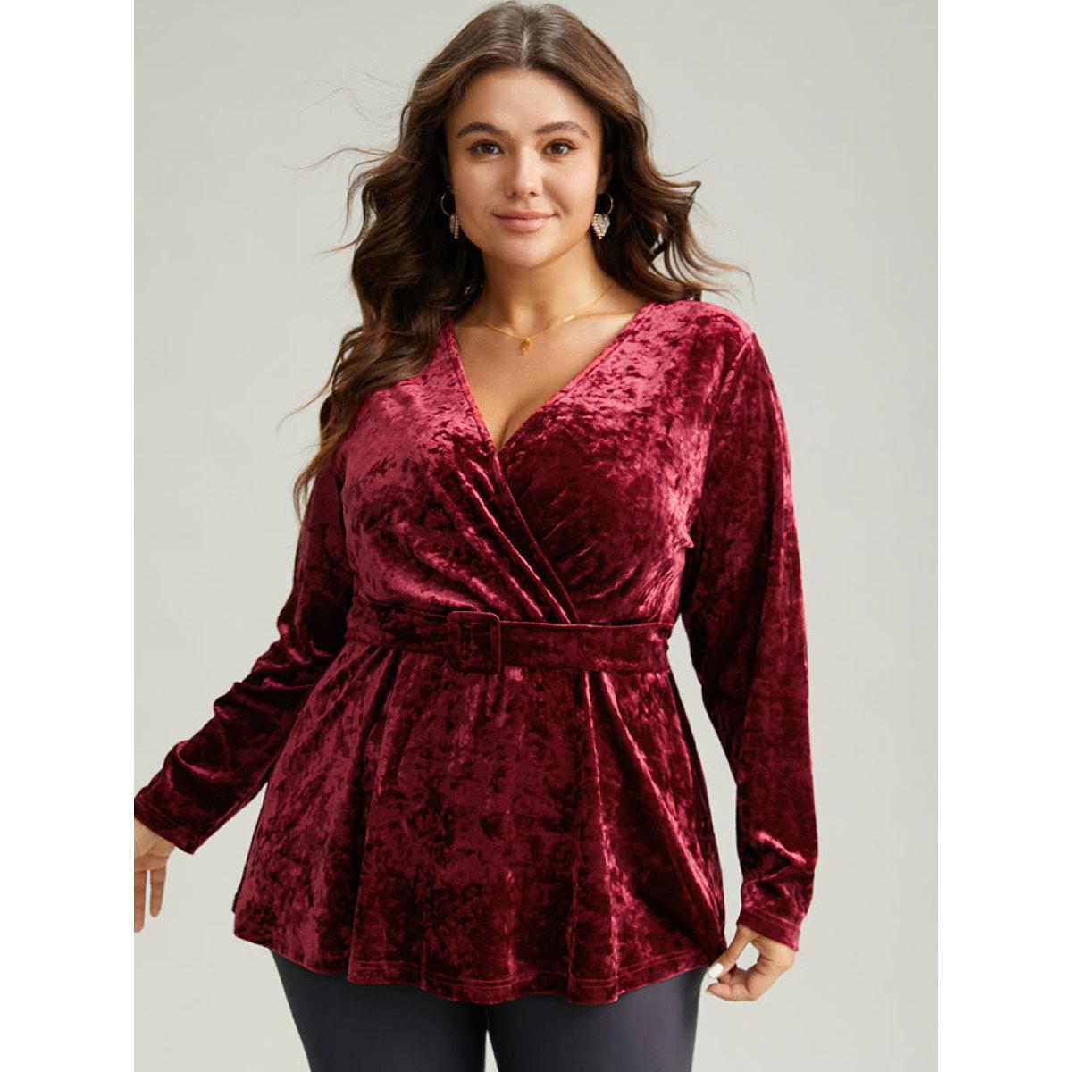 Plus Size Scarlet Velvet Overlap Collar Elastic Waist Buckle Detail Blouse Women Glamour Long Sleeve Overlap Collar Festival-Christmas Blouses BloomChic 30/6X Product Image