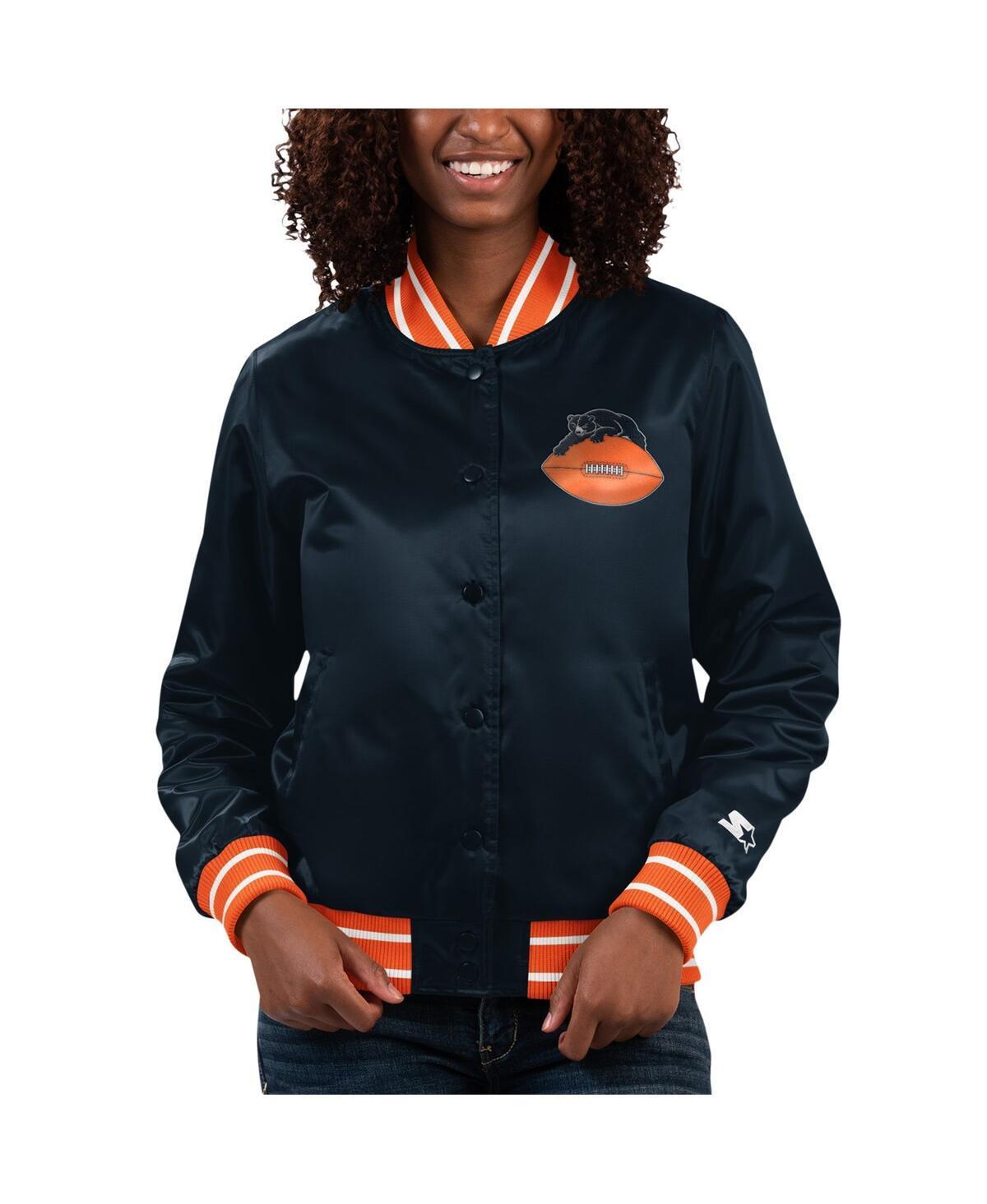 Women's Starter Navy/Orange Chicago Bears Full Count Satin Full-Snap Varsity Jacket, Size: 2XL, Blue Product Image