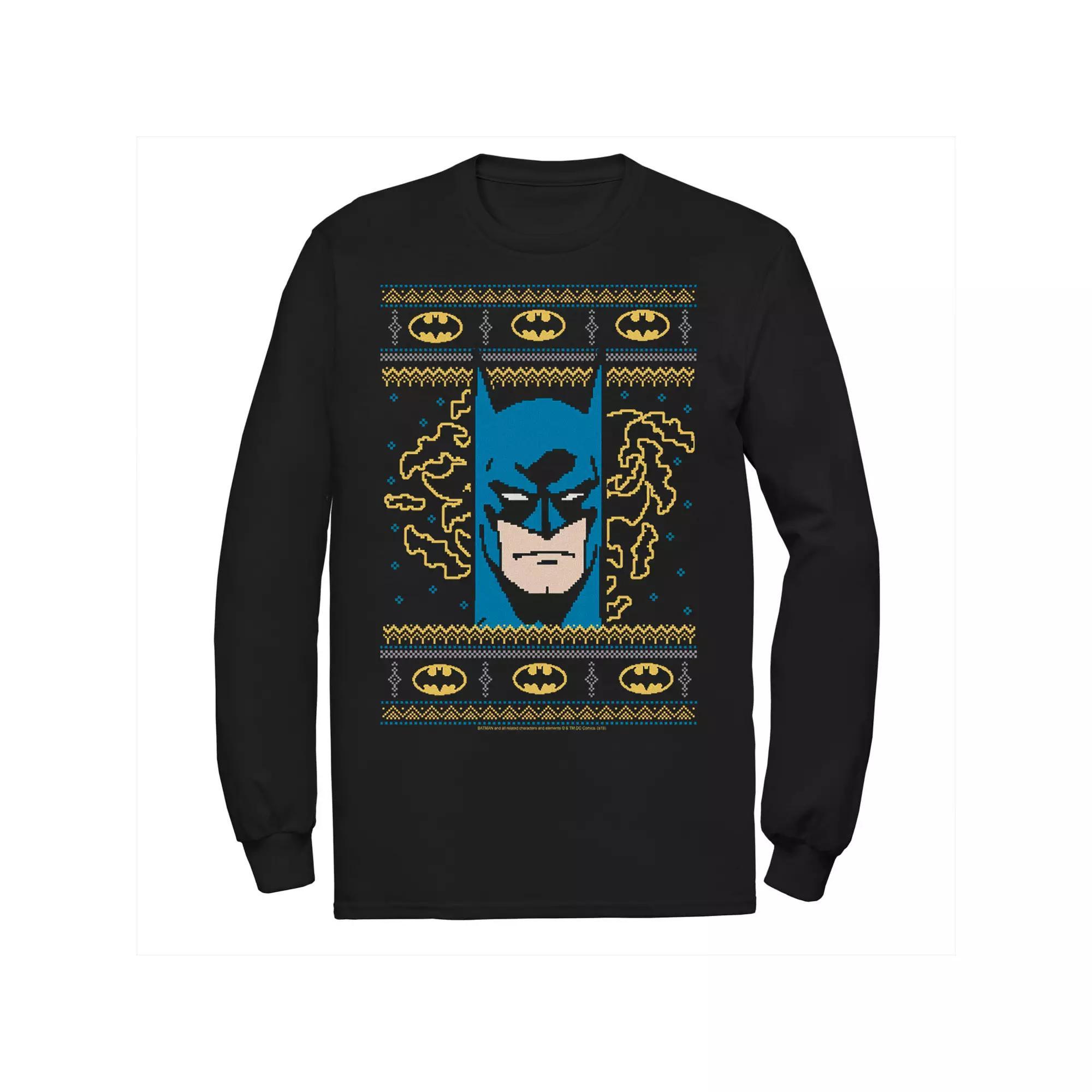Men's DC Comics Batman Face Christmas Sweater Style Tee, Size: Medium, Black Product Image